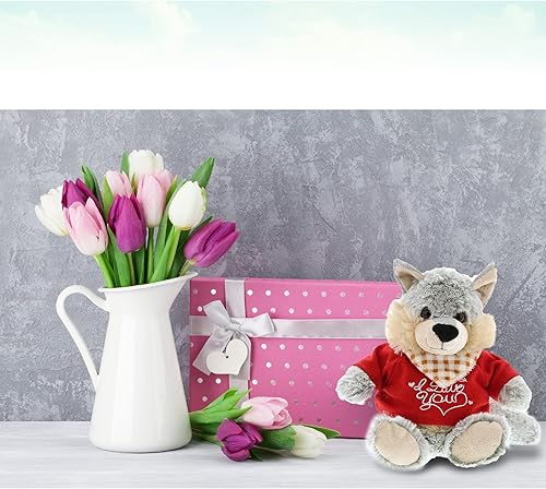 Miniatura 5 de DolliBu Peluche de lobo gris "I Love You Sitting - Lindo animal de peluche con camisa roja y con nombre personalizado para San Valentín,