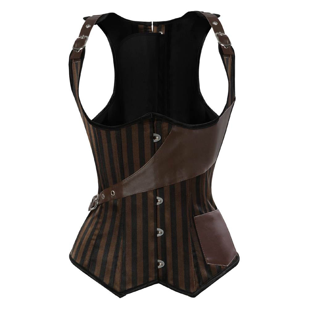 Renaissance Dress Grebrafan Gothic Steampunk Striped Underbust Corset With  Straps (US(2-4) XS, Black Black Corset, image size:1001x1001