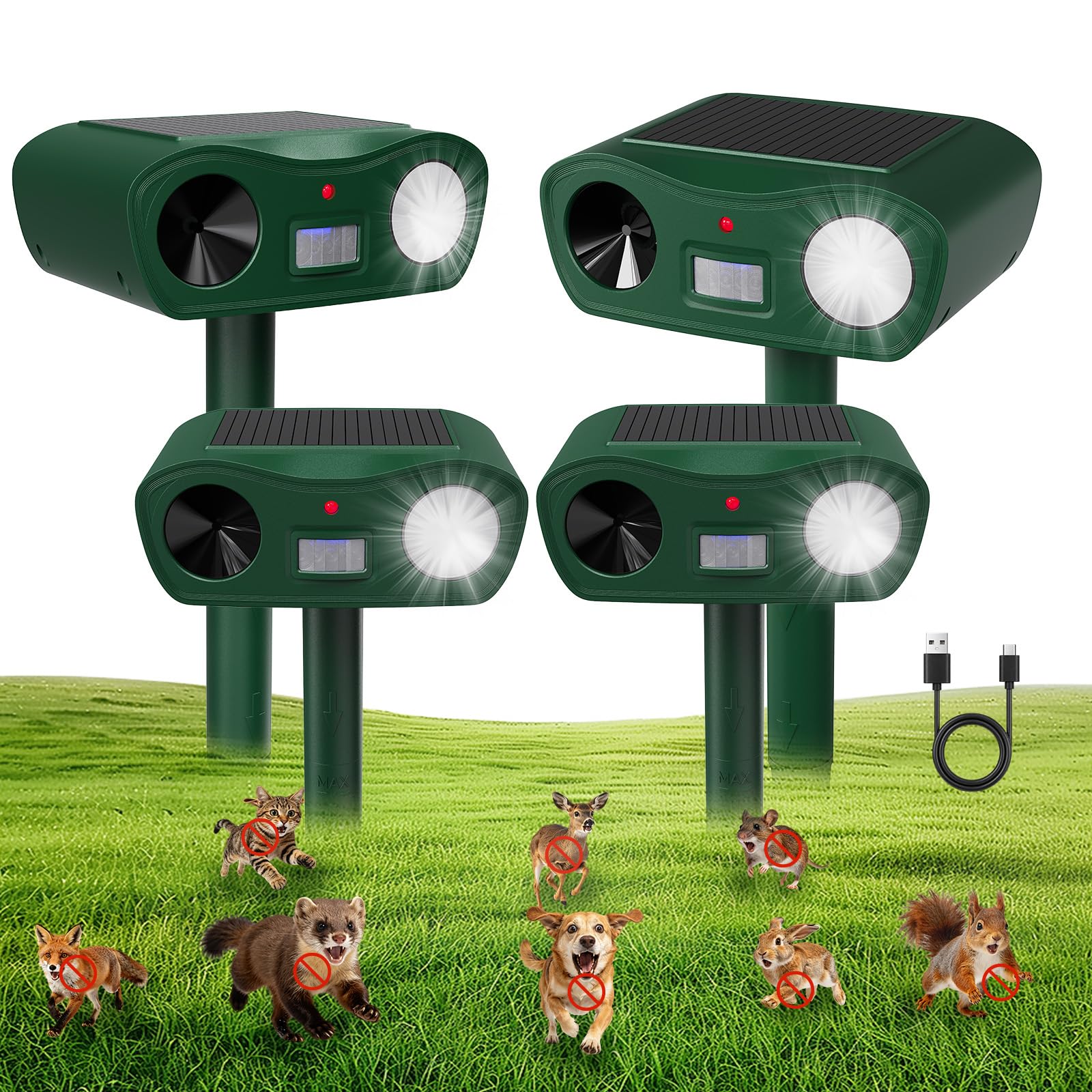 Ahuyentador de gatos ultrasónico solar y relámpago, repelente de topos IPX4, resistente al agua, para jardín, eficaz contra gatos, ratones, perros, pájaros y plagas