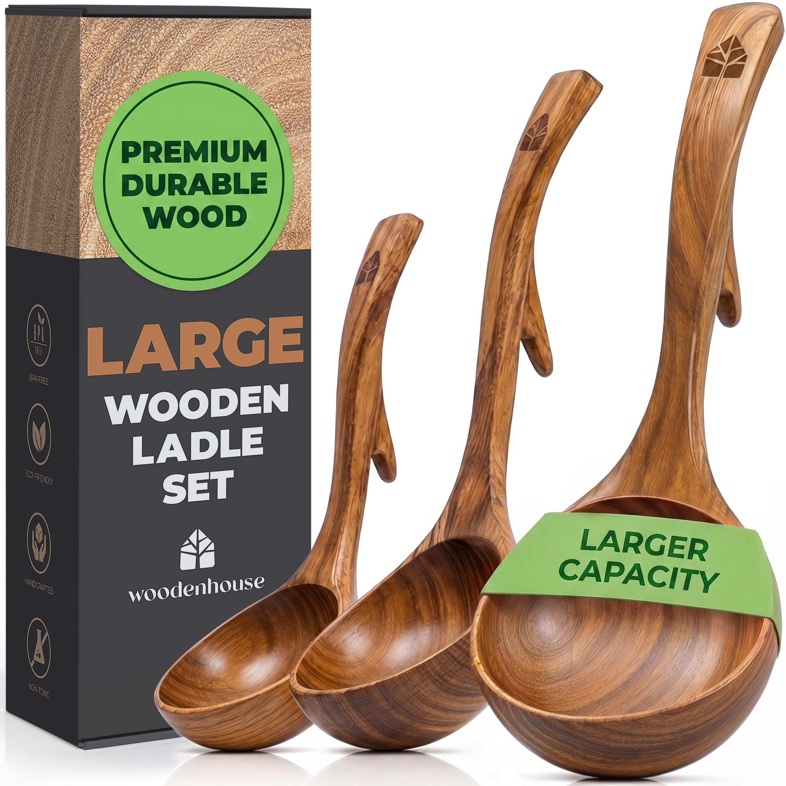Wooden Ladle for Soup, 3 Large Size Teak Wood Ladle Spoon Set