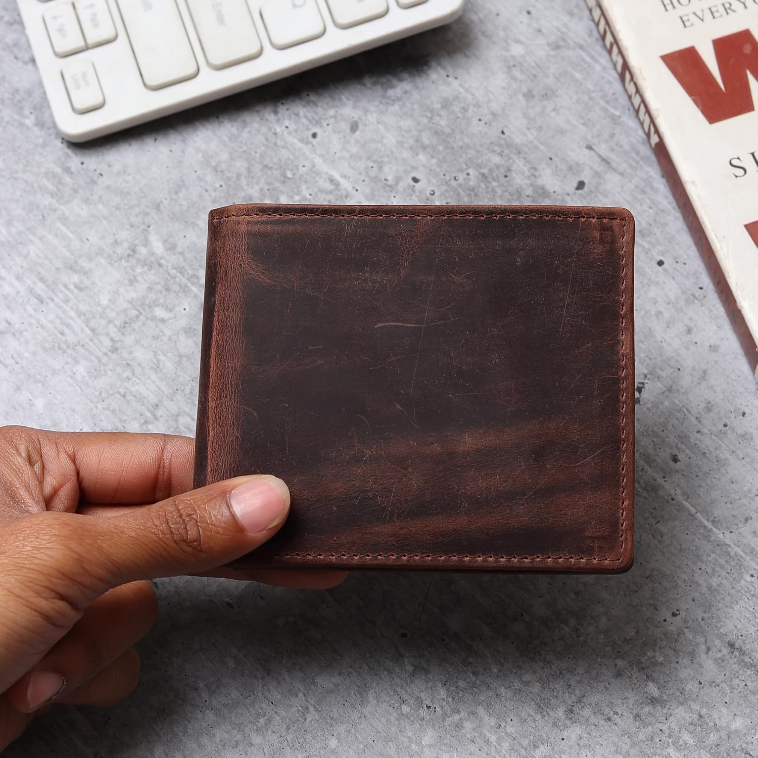 100% Genuine Hunter Leather, RFID Blocking, Bifold Wallet, Thin & Stylish with ID Window Brown Colour, Secure, Durable Extra Capacity with 9 Credit Cards slots, Gift for Him - Image 6