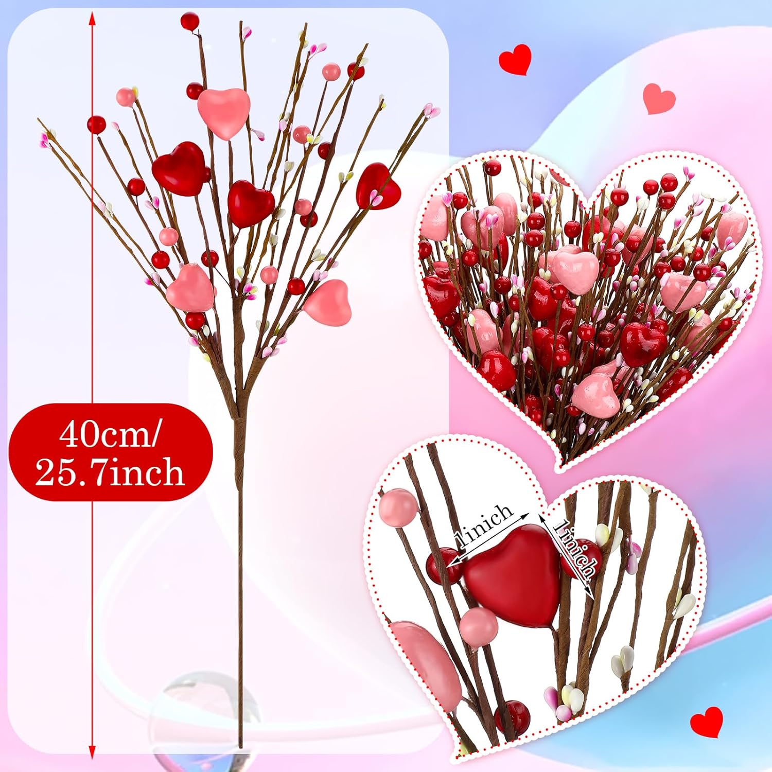 Crowye 12 Pcs Valentine's Day Artificial Flower Stems Valentines Red Berry Heart Floral Picks Spray Branches for Flower Arrangements Vase Filler for Mother's Day Wedding Gifts Home(Red, Pink)
