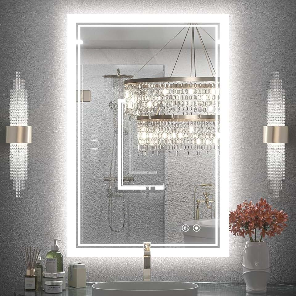 LucZeng Espelho Retangular com 3 tons de luz, vidrotemperado, antiembaçante e função de memória, interruptor de toque, adequado para banheiro ou penteadeira (70x50 cm)