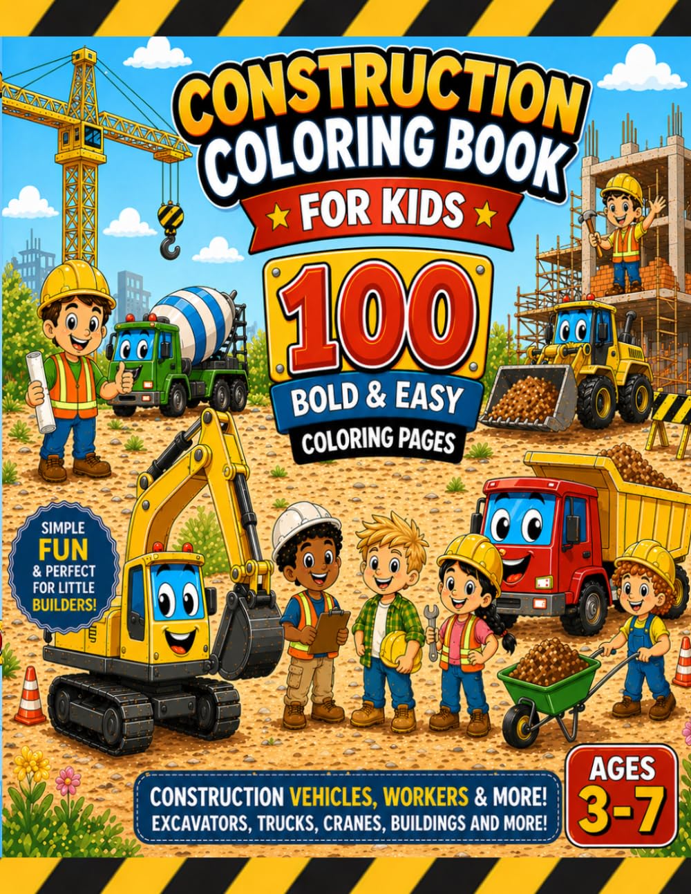 Construction Coloring Book for Kids Ages 3-7: 100 Bold and Easy Coloring Pages with Trucks, Vehicles and Construction Scenes