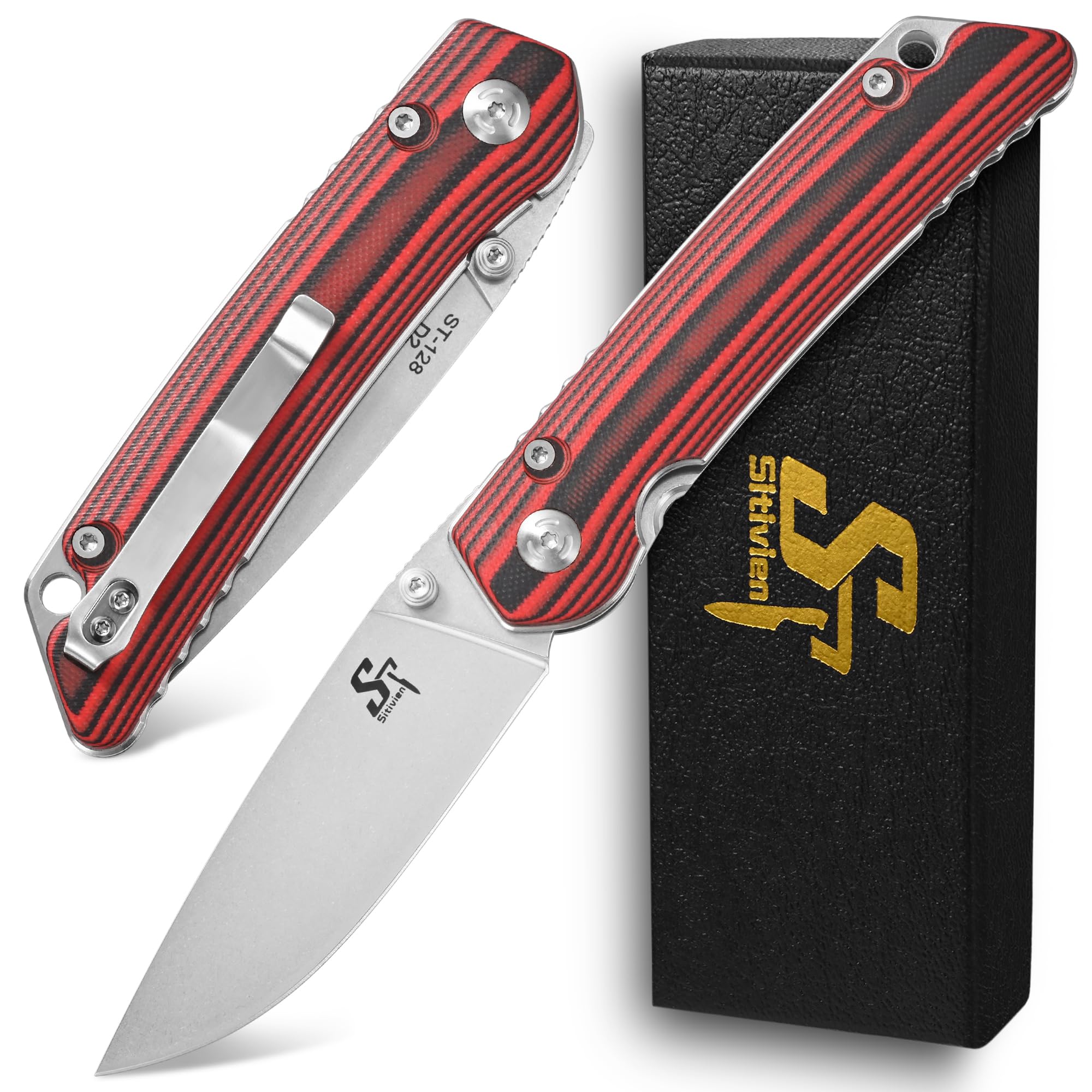 Sitivien ST128 Folding Knife,D2 Blade G10 Handle Safety Liner Lock EDC Tool Knife for Outdoor Hiking Camping-Red