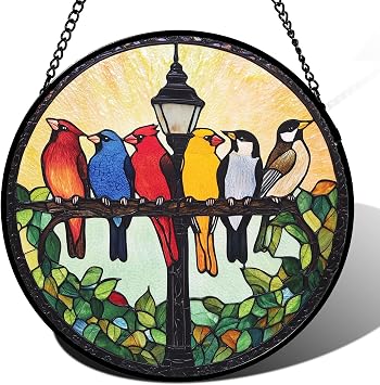 Stained Glass Window Hanging Cardinal Gifts Large 15" - Colorful Bird Suncatcher Door Garden Home Decor and Christmas Mothers Day Birthday Gift Grandma Women Nana Mom Wife Bird Lovers