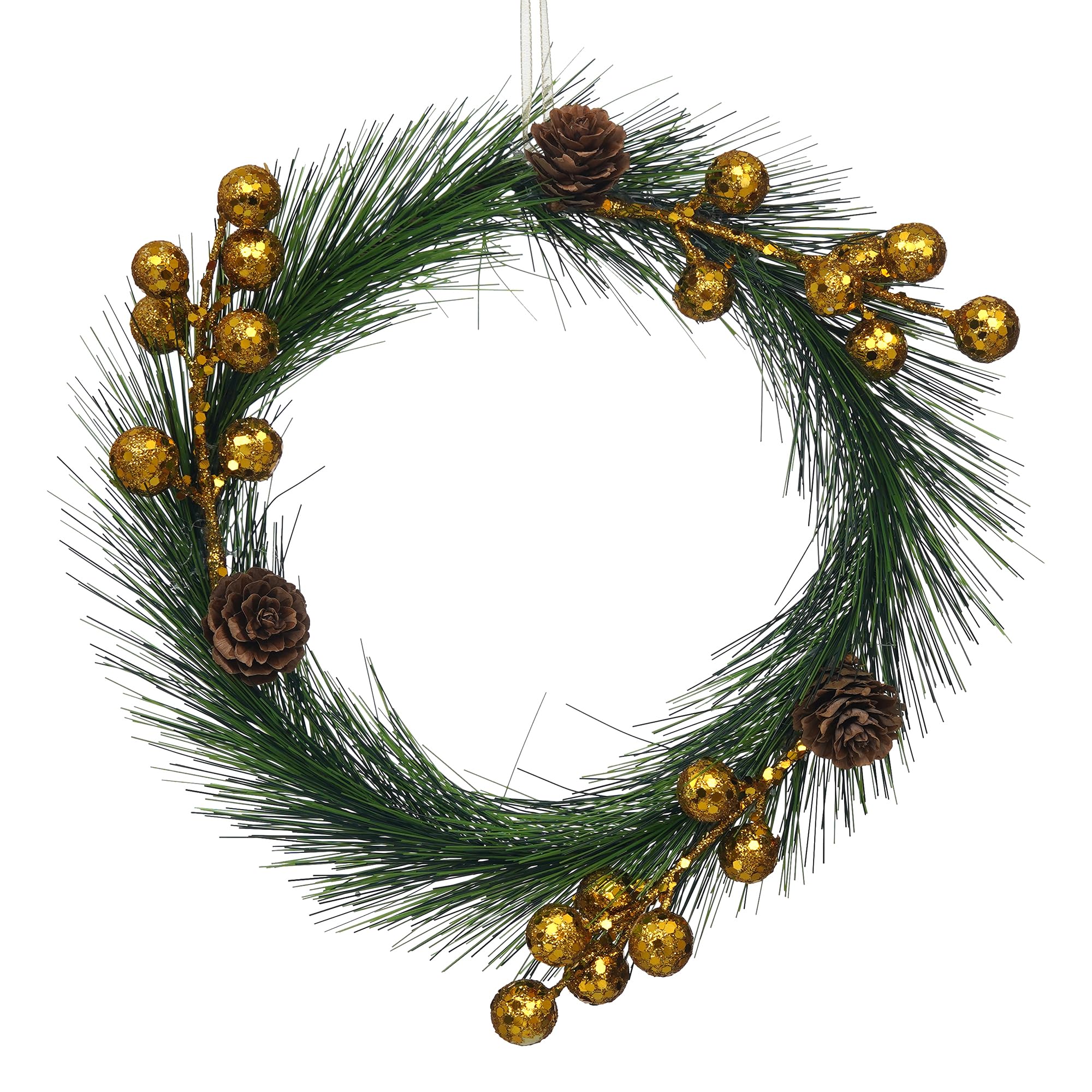 eCraftIndia Green Merry Christmas Wreath with Golden Balls Flowers | Wreaths for Front Door Garland | Xmas Gifts Ornaments Props | Merry Christmas Decorations Items for Home 1