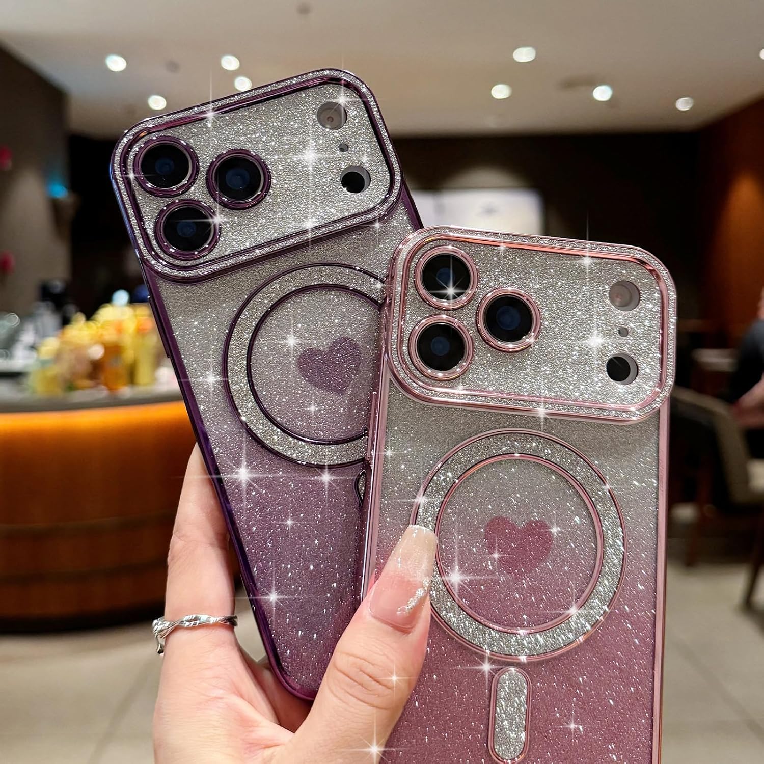 Lafunda Magnetic for iPhone 17 Pro Case Glitter, Cute Love Heart Plating Luxury Sparkle Bling Clear Cover for Women Girls Slim Silicone Camera Protection Shockproof Phone Case for iPhone 17 Pro, Pink - Image 7