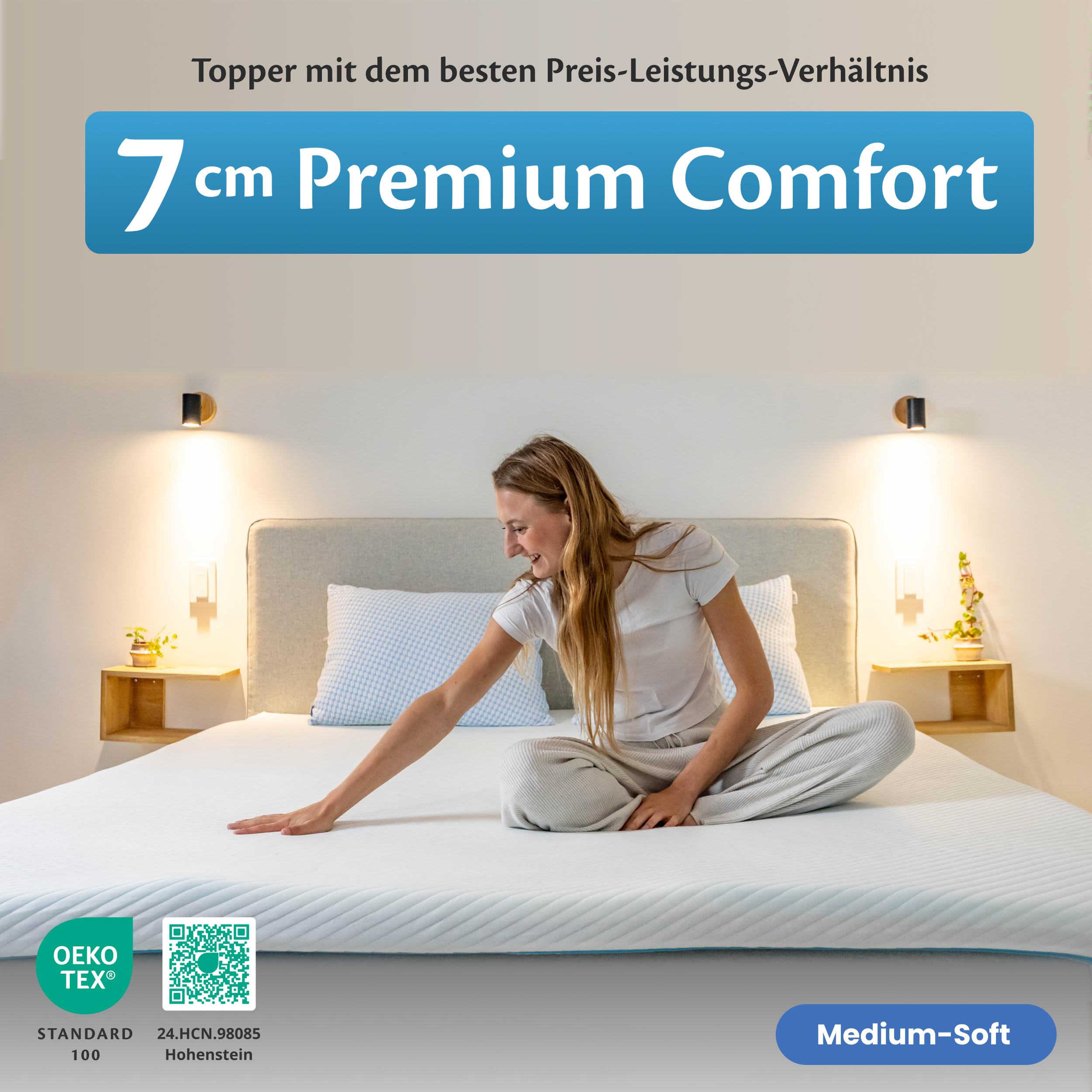 Ella Topper 90x200cm H3 H2 7cm hoch, Matratzentopper mit Elastischer und Rutschfester Unterseite, Gel Memory Schaum, Öko-Tex & CertiPUR zertifizierter Visco Thick Mattress Topper