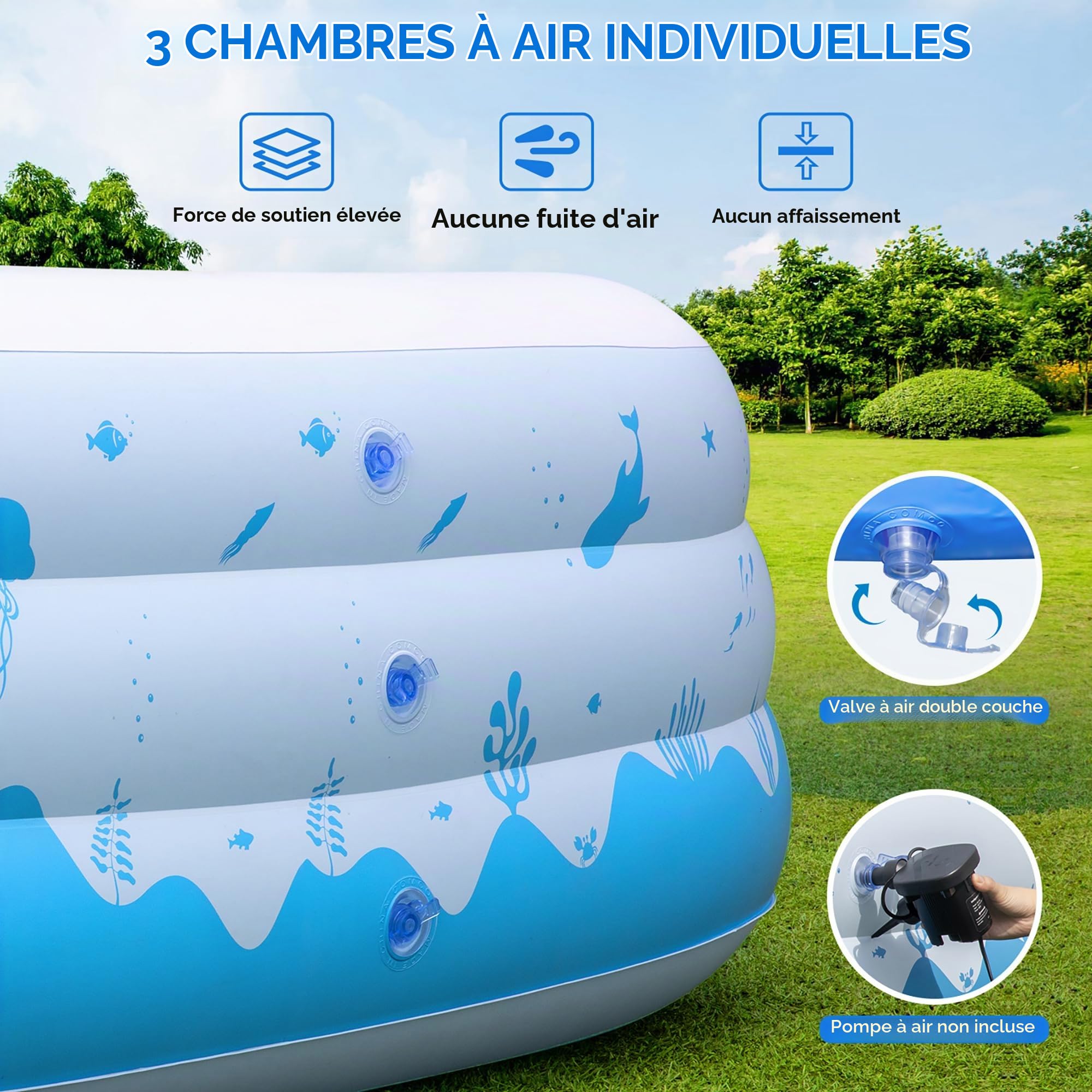 Grandes piscines gonflables avec lumières, 368 cm x 188 cm x 56 cm, piscines gonflables familiales pour Adultes, Piscine Gonflable à énergie Solaire dans la Cour arrière (la Pompe à air n'entre Pas