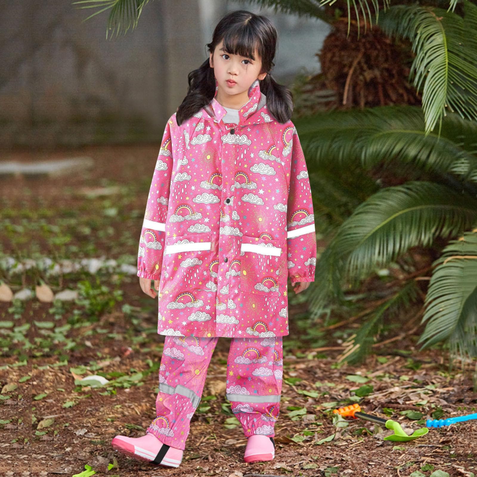 Genérico Chubasquero Niña - Chaqueta Impermeable con Capucha Y Botones Estampada con Dinosaurios Y Arcoíris para Niños Y Niñas Impermeable De Manga Larga con Capucha Y Pantalones Tipo Gabardina