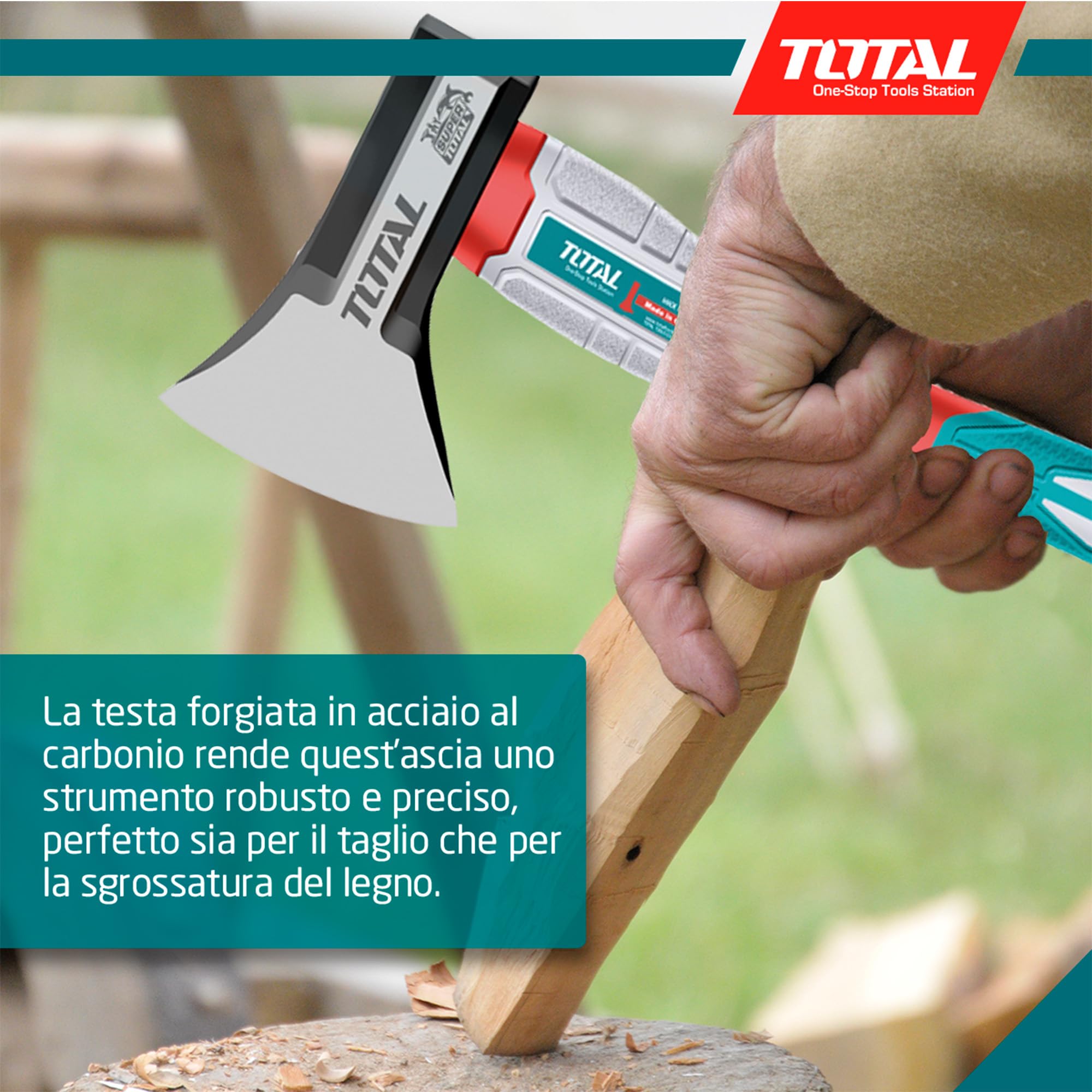 TOTAL - Ascia con manico in fibra | Lama in acciaio al carbonio | Impugnatura comoda e taglio preciso | Per fai-da-te, campeggio e giardinaggio | Peso: 1250 g