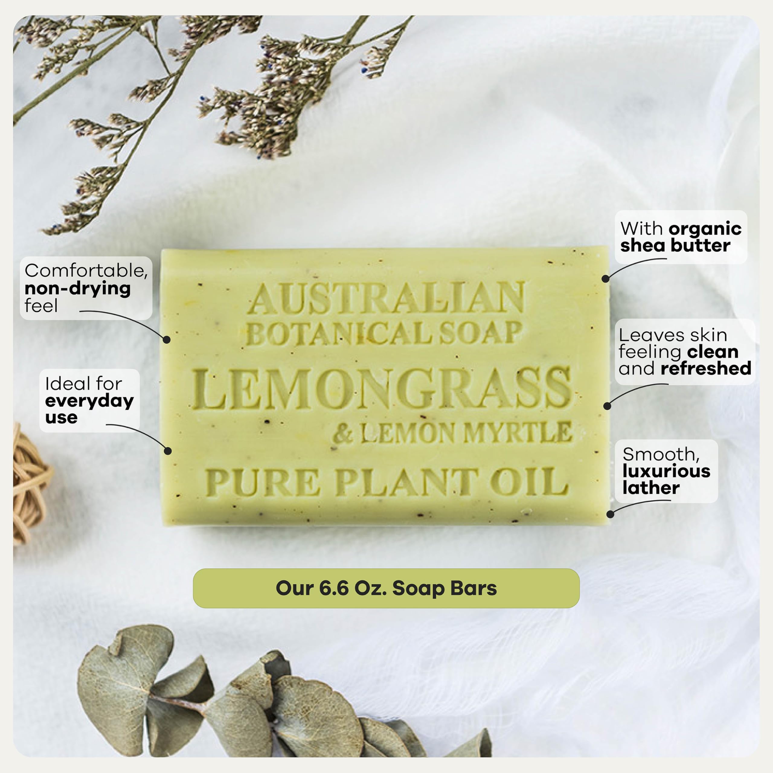 Australian Botanical Soap, Barritas de jabón de limón y limón, 187 g, ingredientes naturales, para todo tipo de piel, enriquecida con manteca de karité, 8 unidades