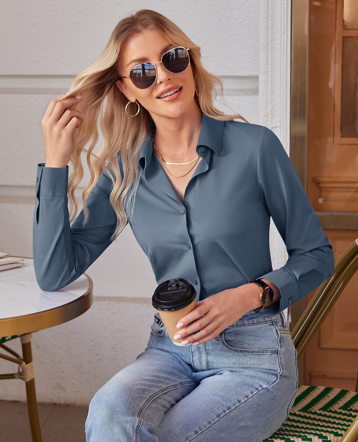 siliteelon Button Down Shirts for Women Slim fit Long Sleeve Stretch Dress Shirts Work Shirt Wrinkle Free Office Blouses