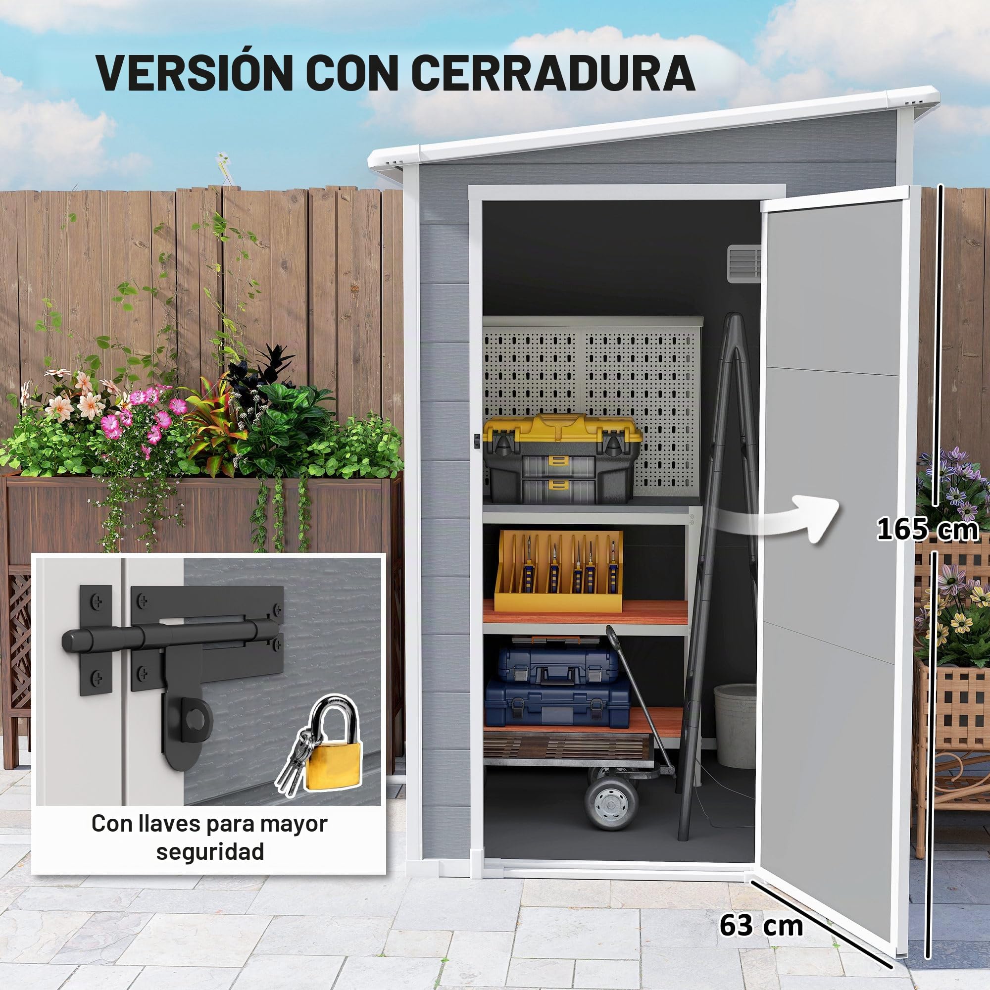 Outsunny caseta de Herramientas 1,54m³, caseta de jardín con tejado a un Agua, Suelo 122 x 149 x 192/177 cm, caseta de Herramientas Resistente a la Intemperie con Puerta con Cerradura, Ventana,