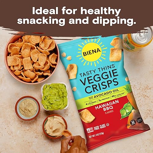 Miniatura 8 de BIENA Tasty Thins Veggie Crisps - BBQ hawaiana, paquete de 4, bolsas de 4 onzas, garbanzos y verduras, veganas, sin gluten, sin lácteos, sin OMG,