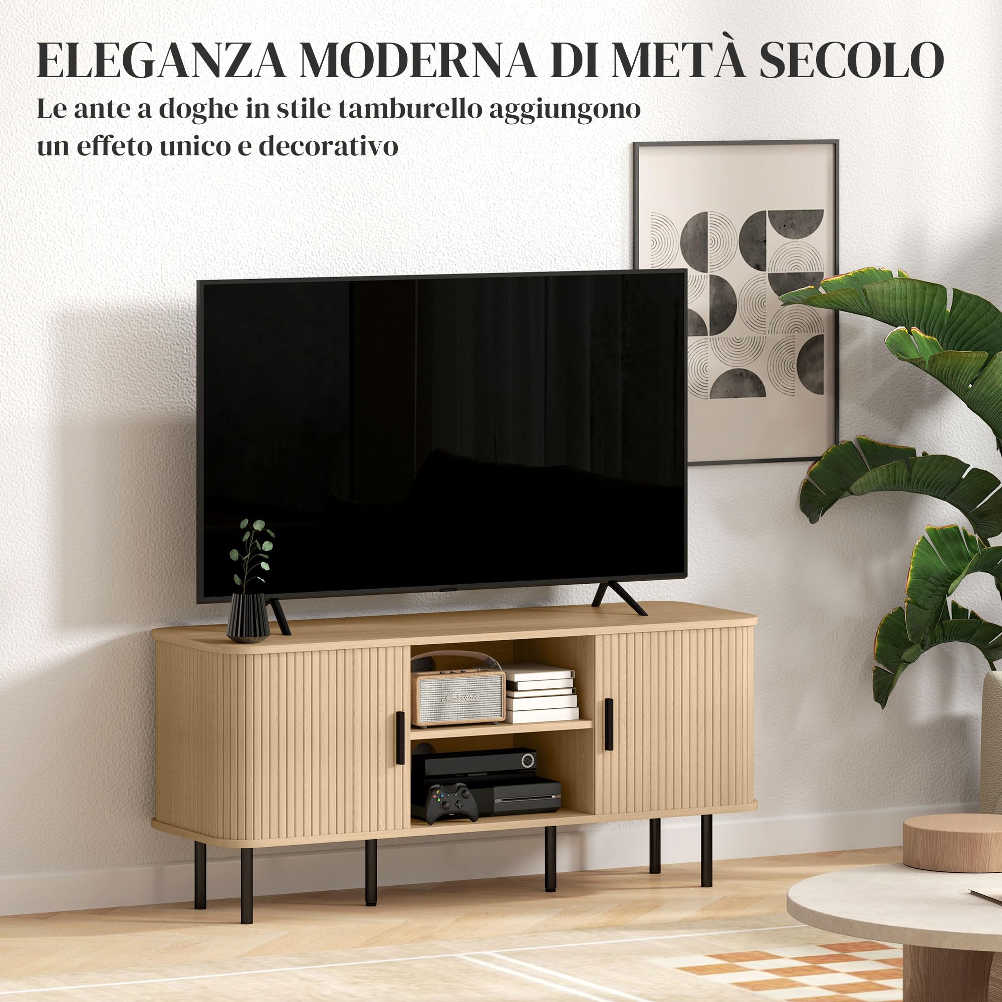HOMCOM Mobile TV 55" con 2 Armadietti, 2 Ripiani e 2 Fori Passacavi, Mobiletto Porta TV in Legno e Acciaio, per Soggiorno e Camera da Letto, 120x40x55 cm, Rovere e Nero