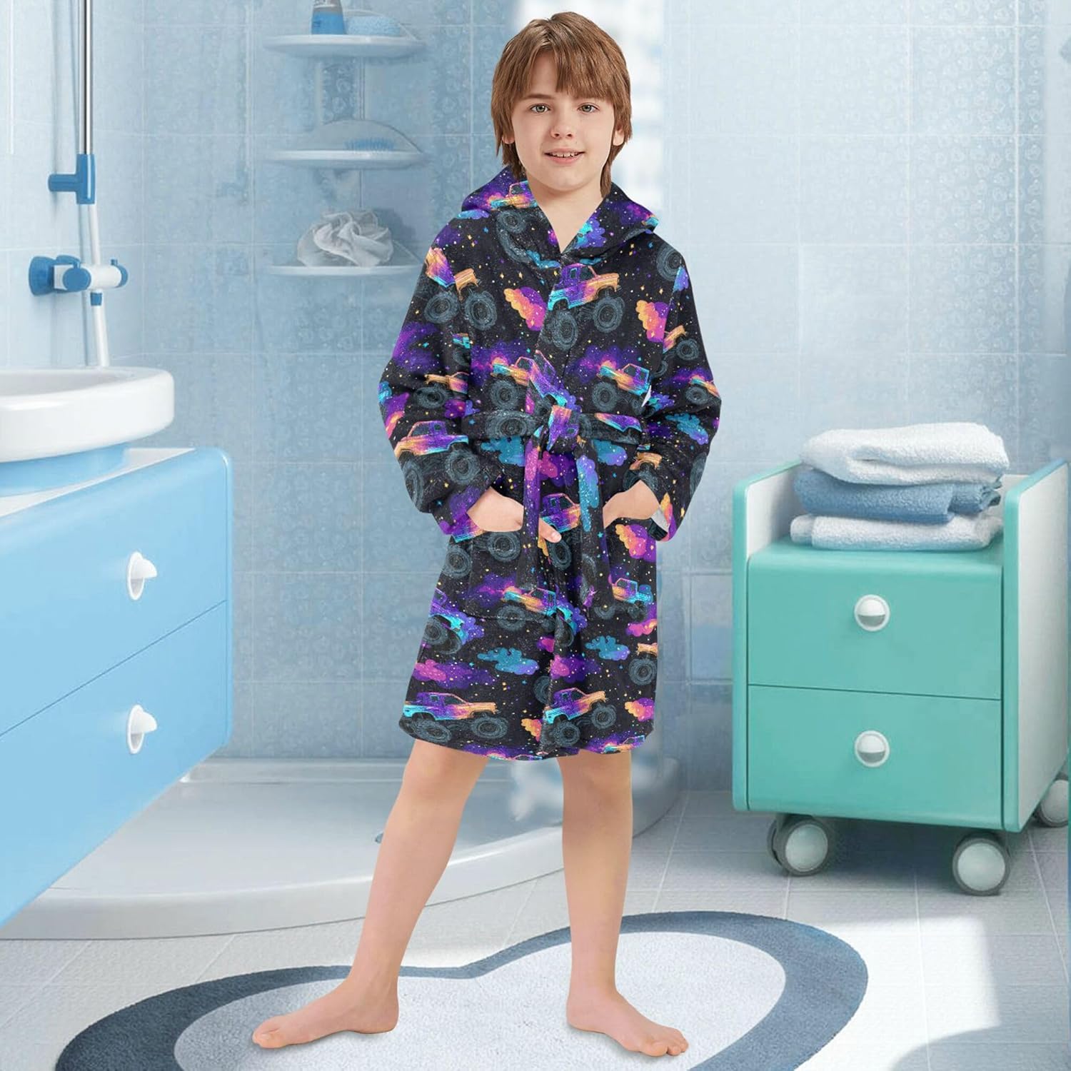 Monster Truck Galaxy Stars Bathrobe Hooded PJ Robe Soft Fleece Robe Pajama Sleepwears 2-12 Years
