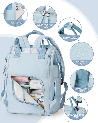 Miniatura 5 de Mochila para pañales, bolsa de pañales de viaje grande multifunción para mamás, papás, maternidad y cambiador de bebé, Azul, Casual
