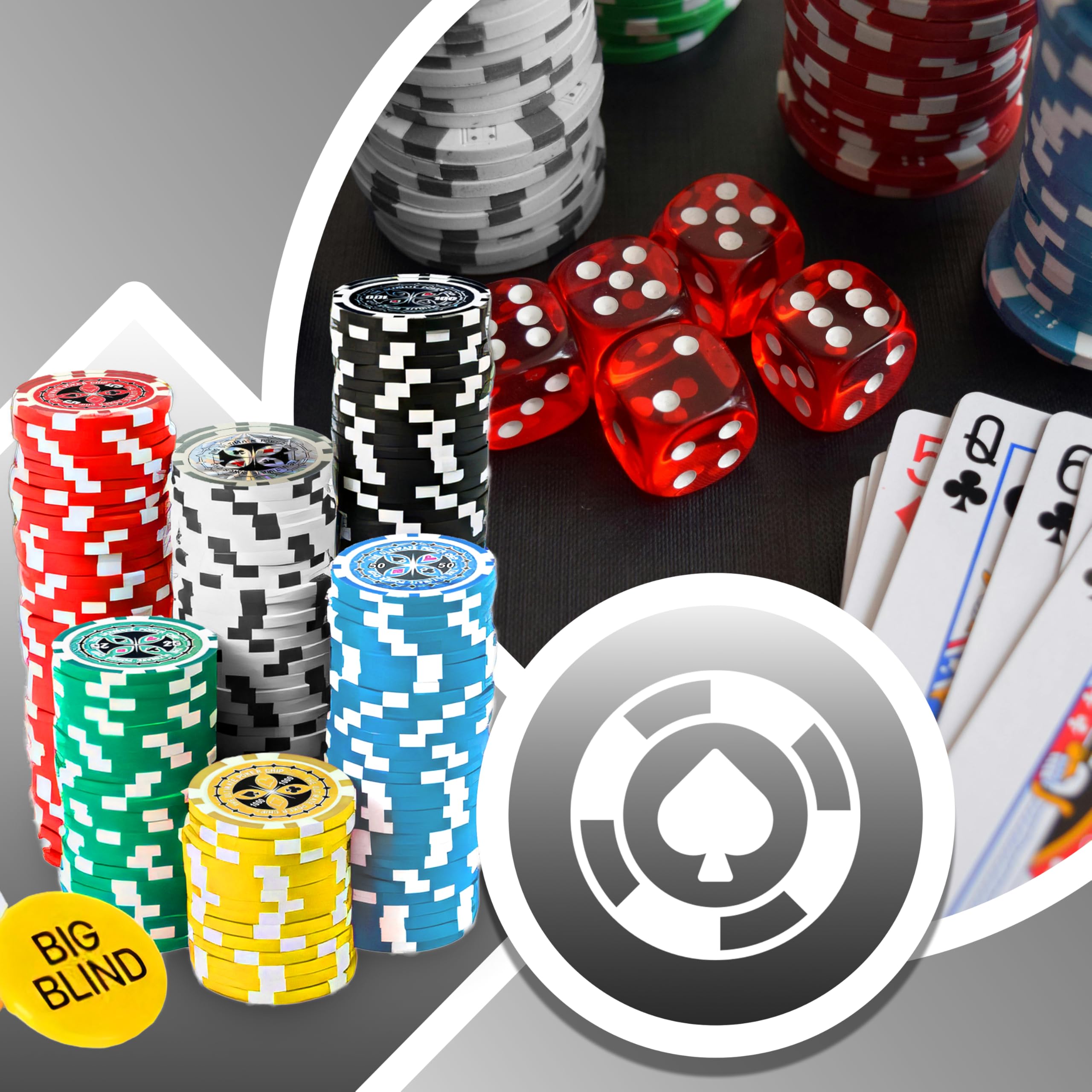 Retoo Juego de Póquer 500 Fichas Cartas y Alfombrilla con Maletín para Texas Holdem Blackjack, 2 Barajas 5 Dados, 3 Botones, 1 Tapete Maletín de Aluminio con Cerradura para Profesionales y Aficionados