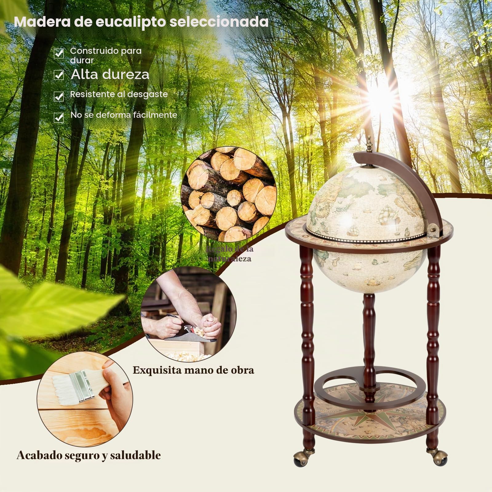 KOMFOTTEU Botellero Bar Globo Terráqueo con Ruedas, Soporte para Botellas de 2 Niveles, Carrito de Bar de Madera, Mueble Minibar para Bebidas, para Restaurante, Fiesta (Beige, 45 x 45 x 88 cm)