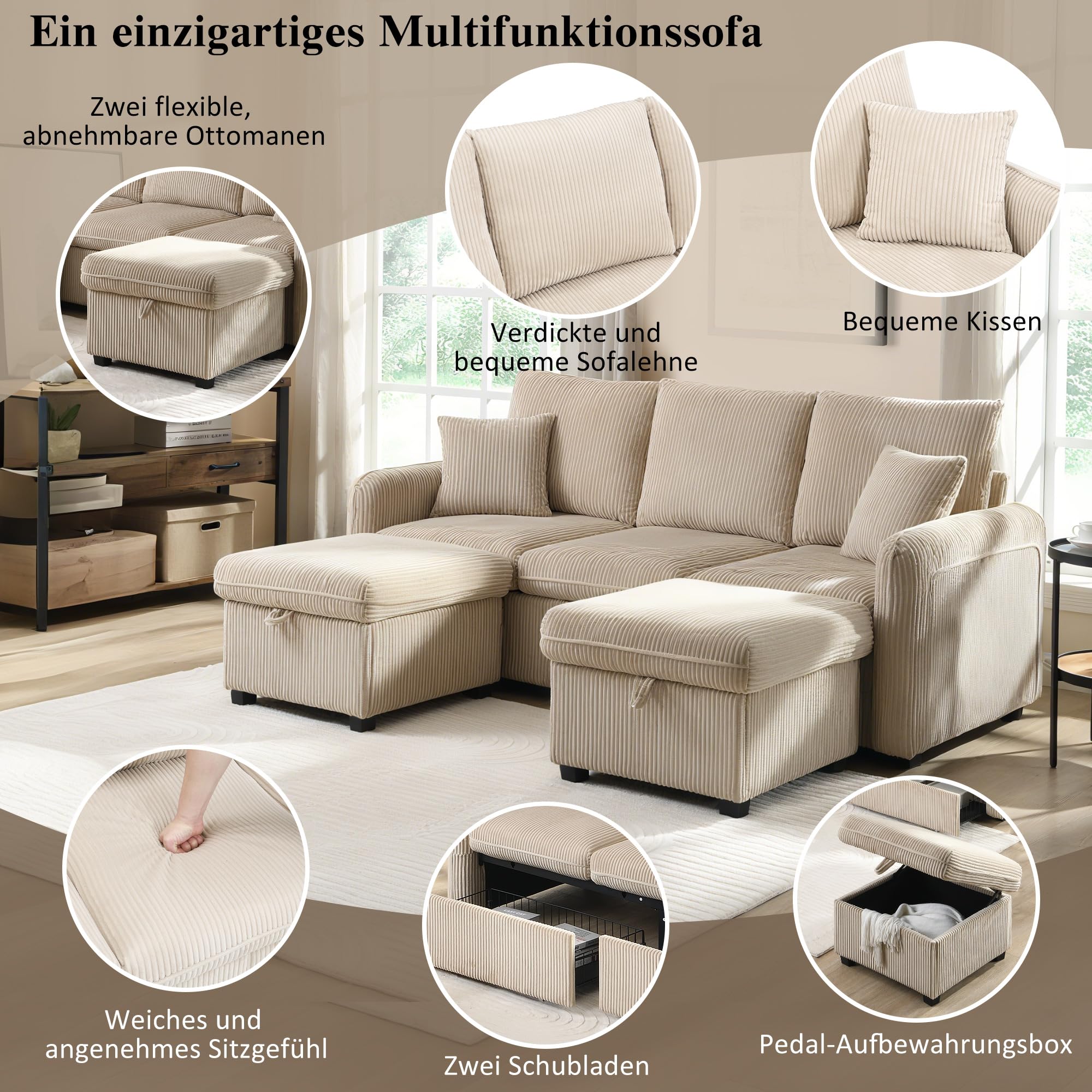 Merax Modulares 3-Sitzer Sofa-Set, Ecksofa in L-Form & U-Form mit 2 Stauraum-Hockern, Couch mit 2 Schubladen, Flexibel kombinierbare Wohnlandschaft aus Chenille, Beige