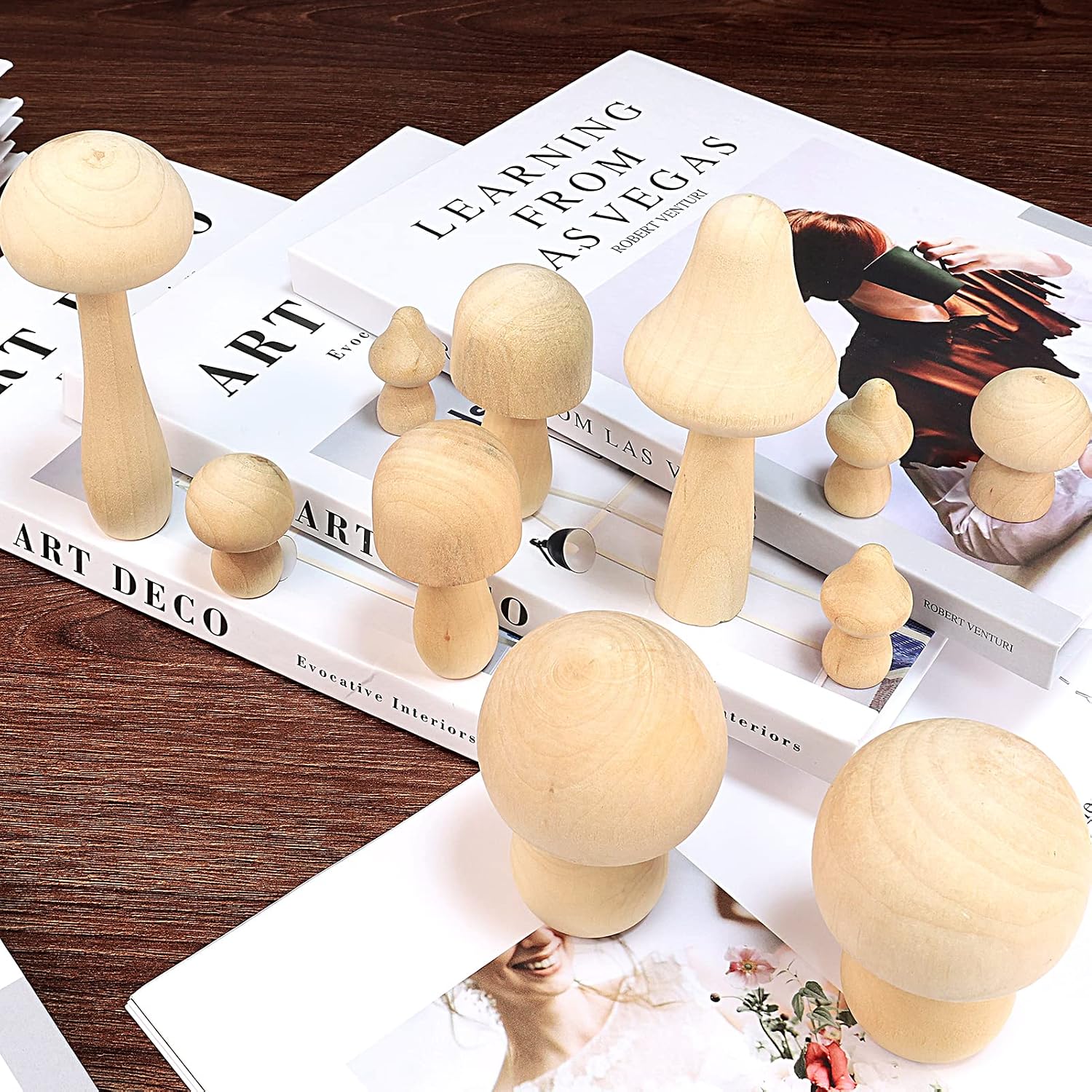 12Pcs Unfinished Wooden Mushroom Natural Mini Wooden Mushroom Various Sizes Plain Unpainted Wood Mushrooms for Arts and Crafts Projects DIY Bookshelf Desk Home Decoration