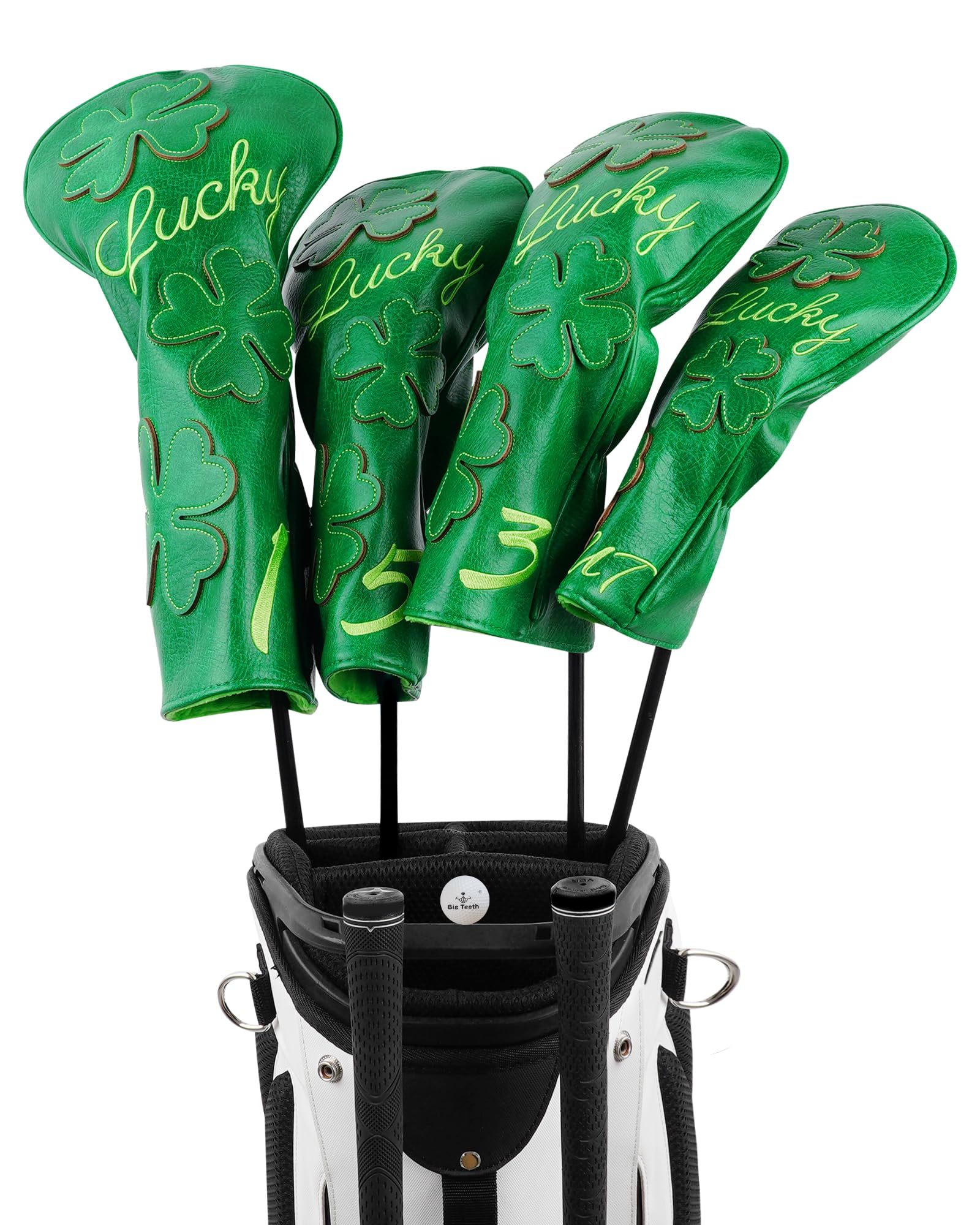 Golfschlägerkopfhauben für Fahrer/Fairwayholz/Hybrid/(1.3.5.UT)/Eisen/Putter, grünes PU-Leder, Kleeblatt