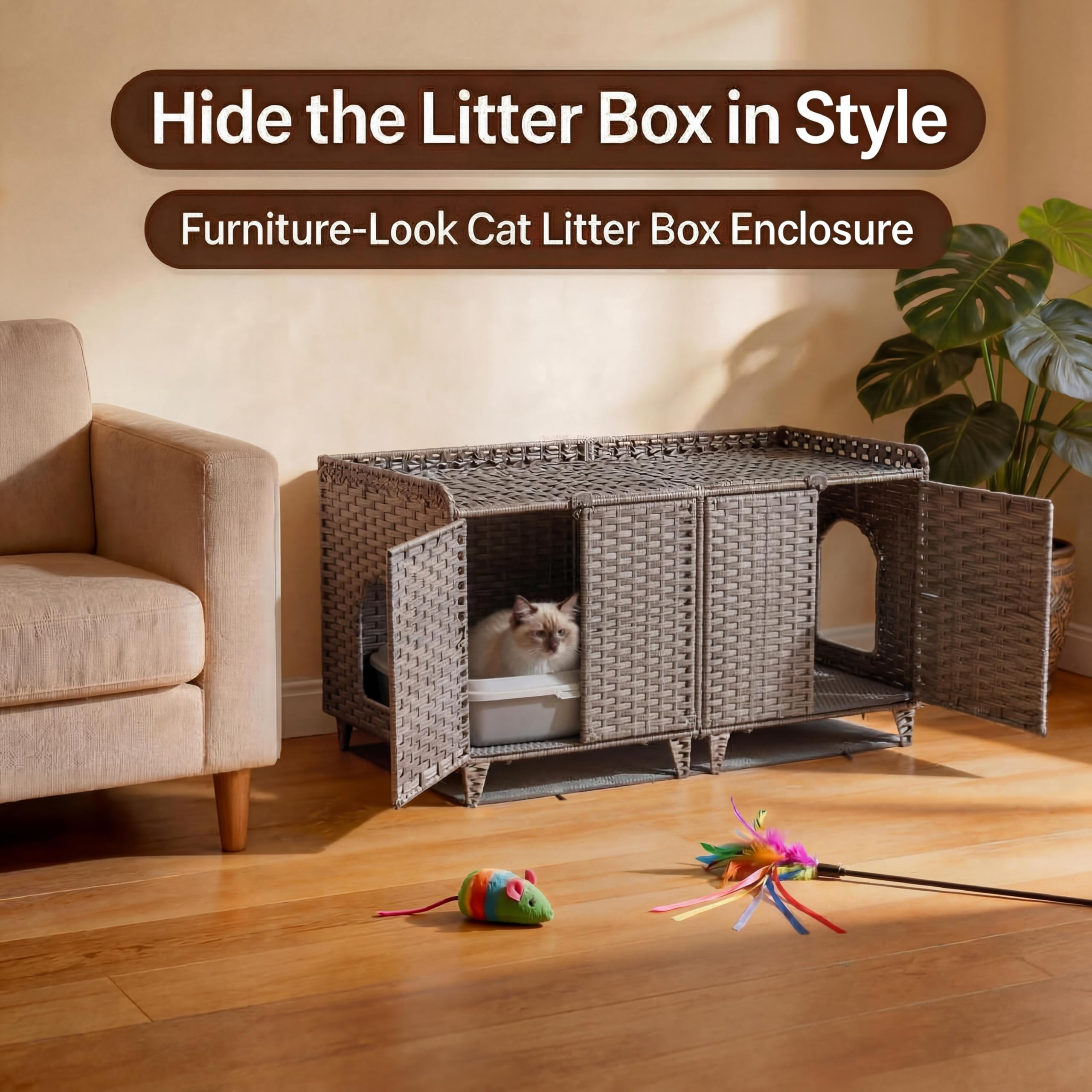 Garvee Mobiletto Copri Lettiera per Gatti in Rattan per 2 Lettierine, Grigio