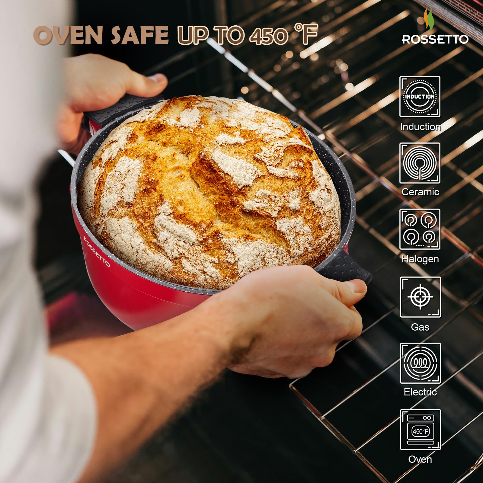 ROSSETTO 6QT Dutch Oven Pot with Lid, Ceramic Dutch Oven with Silicone Assist Handle Holder, Dishwasher Safe, Oven Safe, Non-Stick & Non-Toxic Bread for Baking, Brasing, Soups, Red