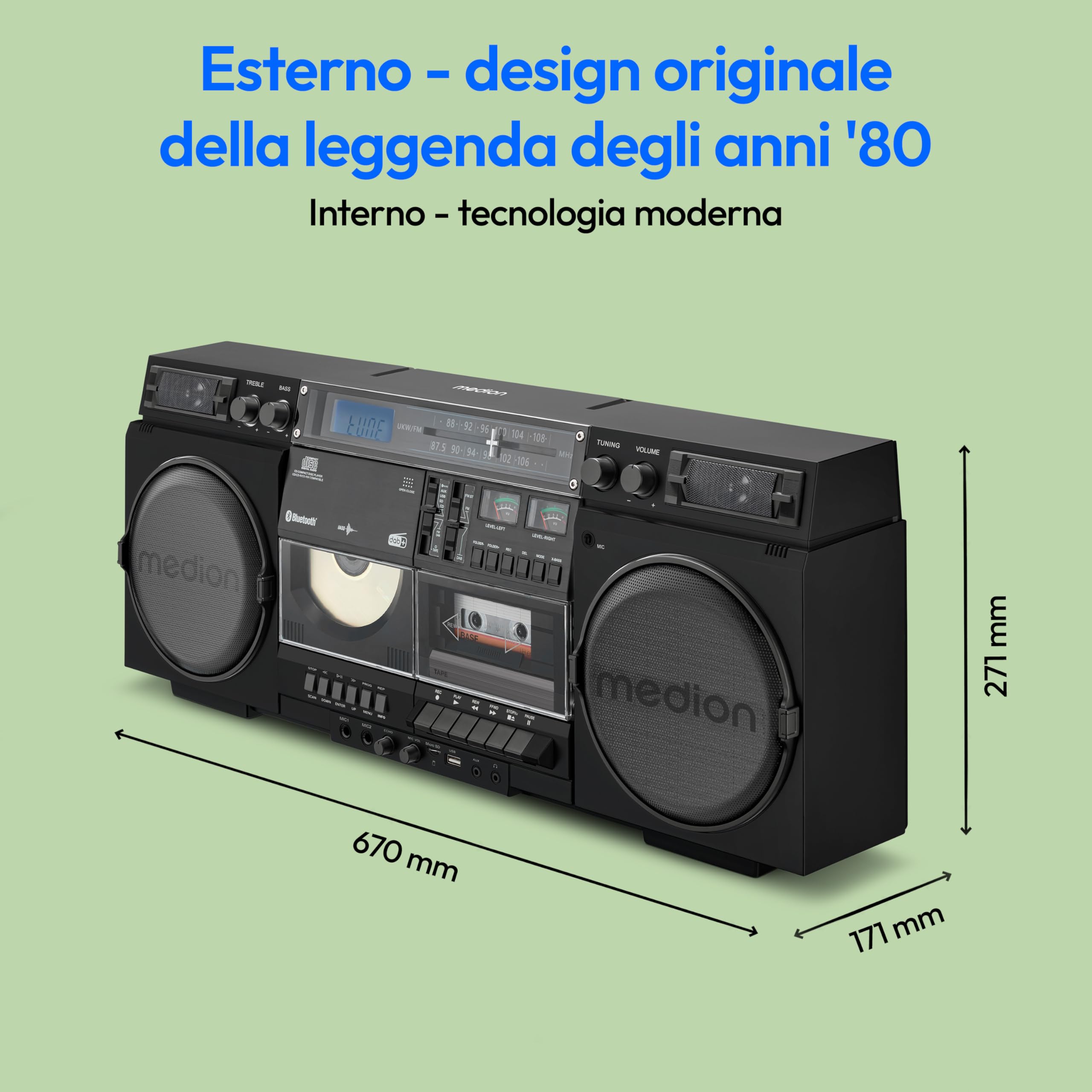 MEDION Registratore a cassette P66538 Ghetto Blaster retrò con lettore CD, Bluetooth, DAB+, USB, SD