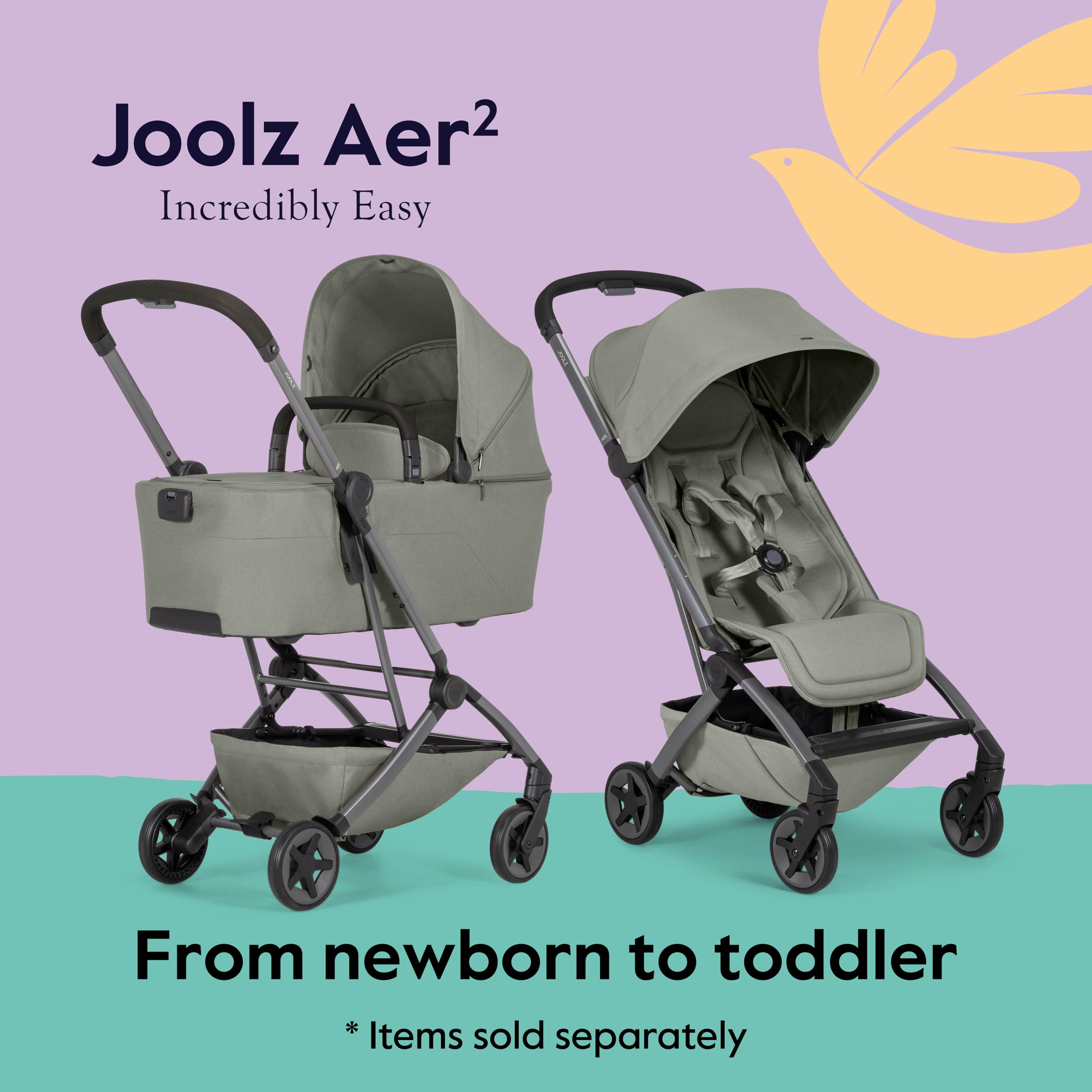 Joolz Aer2 Lightweight Travel Stroller for Baby & Toddler – One-Hand Fold, Compact Carry-On Airplane Approved, Reclining Seat, UPF 50+ Canopy, Travel Pouch, Baby Net – Sage Green : Baby