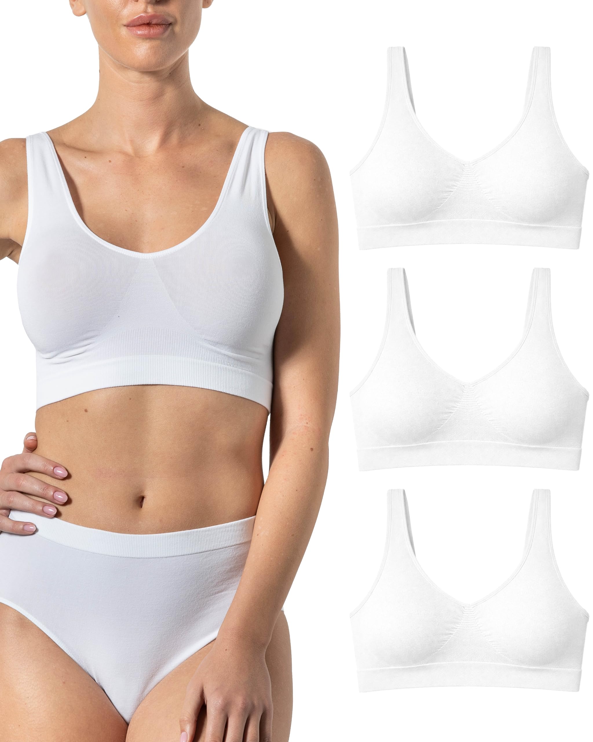 Risalti Women's White-White-White Bamboo Wide-Shoulder Bra 3 Pz - Wireless, Seamless, Light Support, Xxl