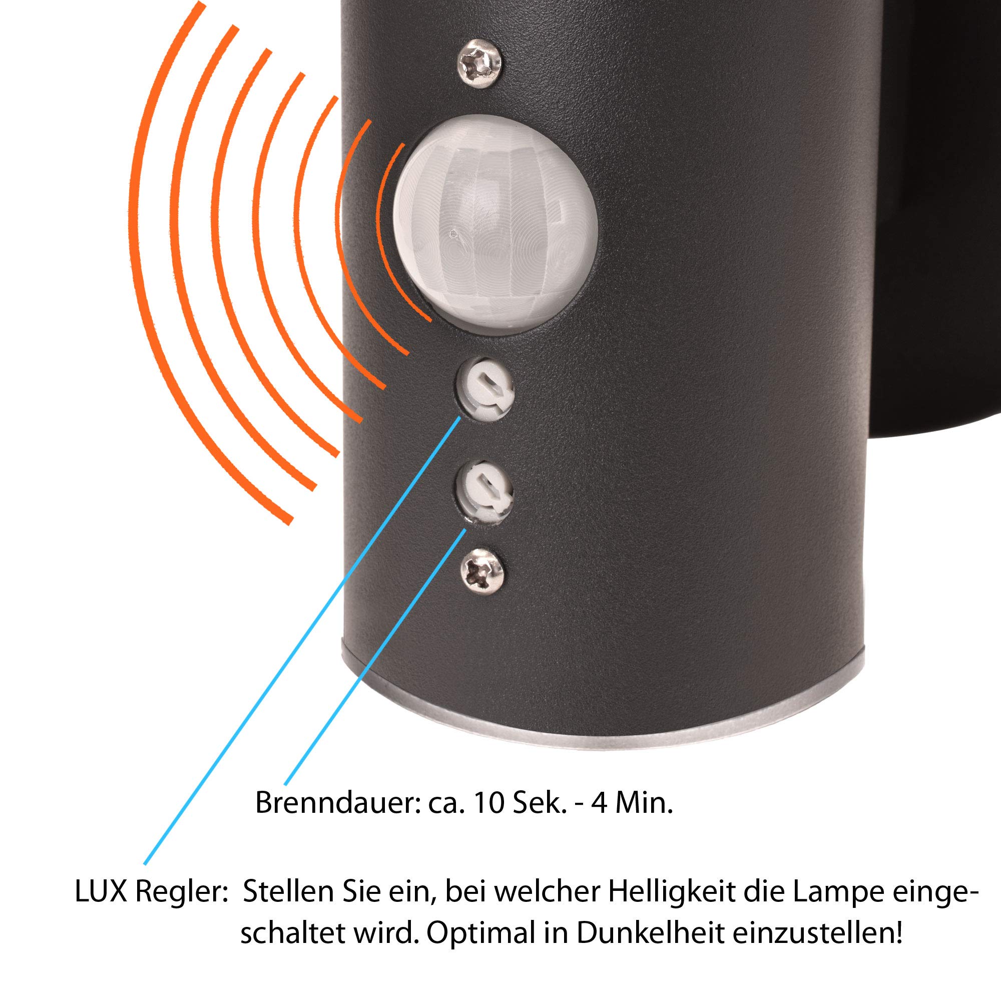 Maxkomfort LED Außenwandleuchte 313A1 Anthrazit mit Bewegungsmelder – Edelstahl Wandlampe 9W, 3000K warmweiß, IP44, 530lm, 230V, Sensor mit Zeit- & Dämmerungseinstellung