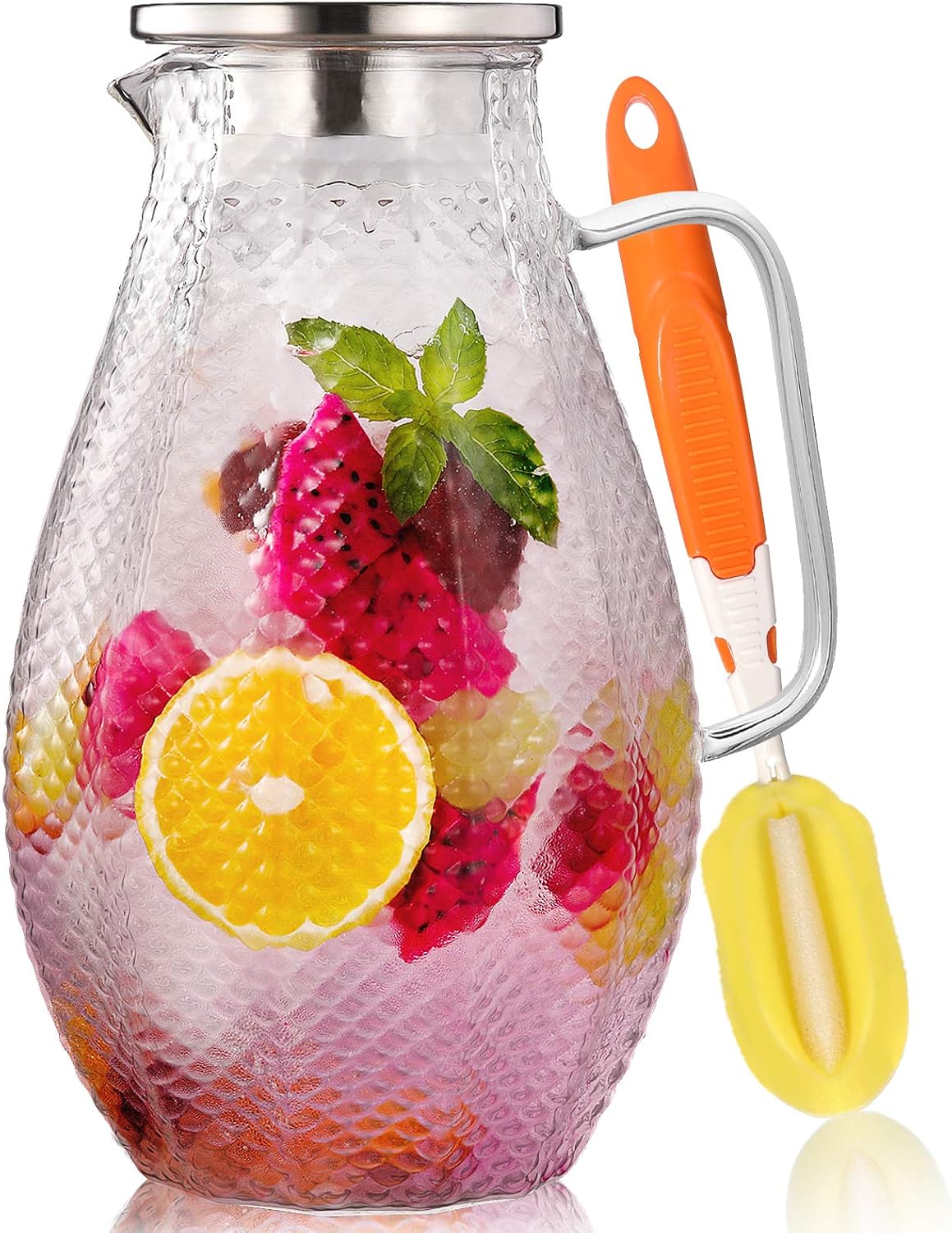 Large 75 Oz Glass Pitcher with 18/8 Stainless Steel Lid - Unique Squama Pattern - High Heat Resistance Water Pitcher for Hot/Cold Water & Iced Tea, 100% Lead-free and Drip-Free