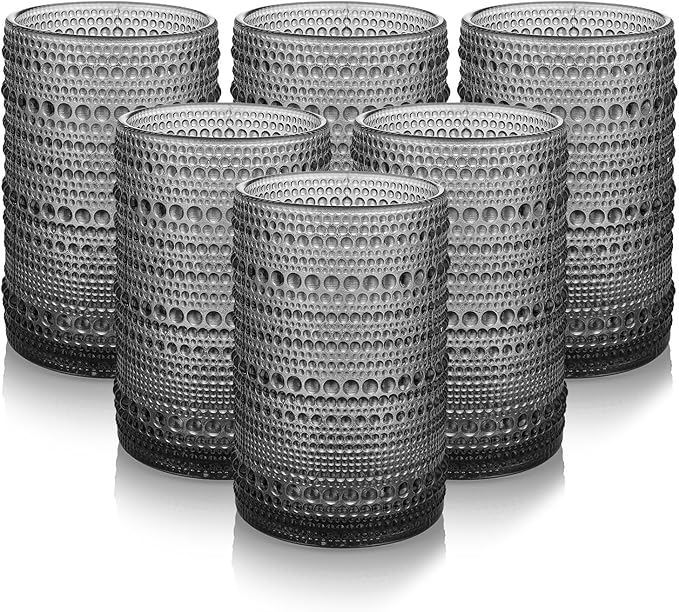 Hobnail Drinking Glasses Set of 6,15 oz Vintage Glassware Set Cocktail Glass Set, Embossed Grey Water Tumbler,for Beer, Whiskey,Juice and Various Mixed Drinks (15OZ Grey)