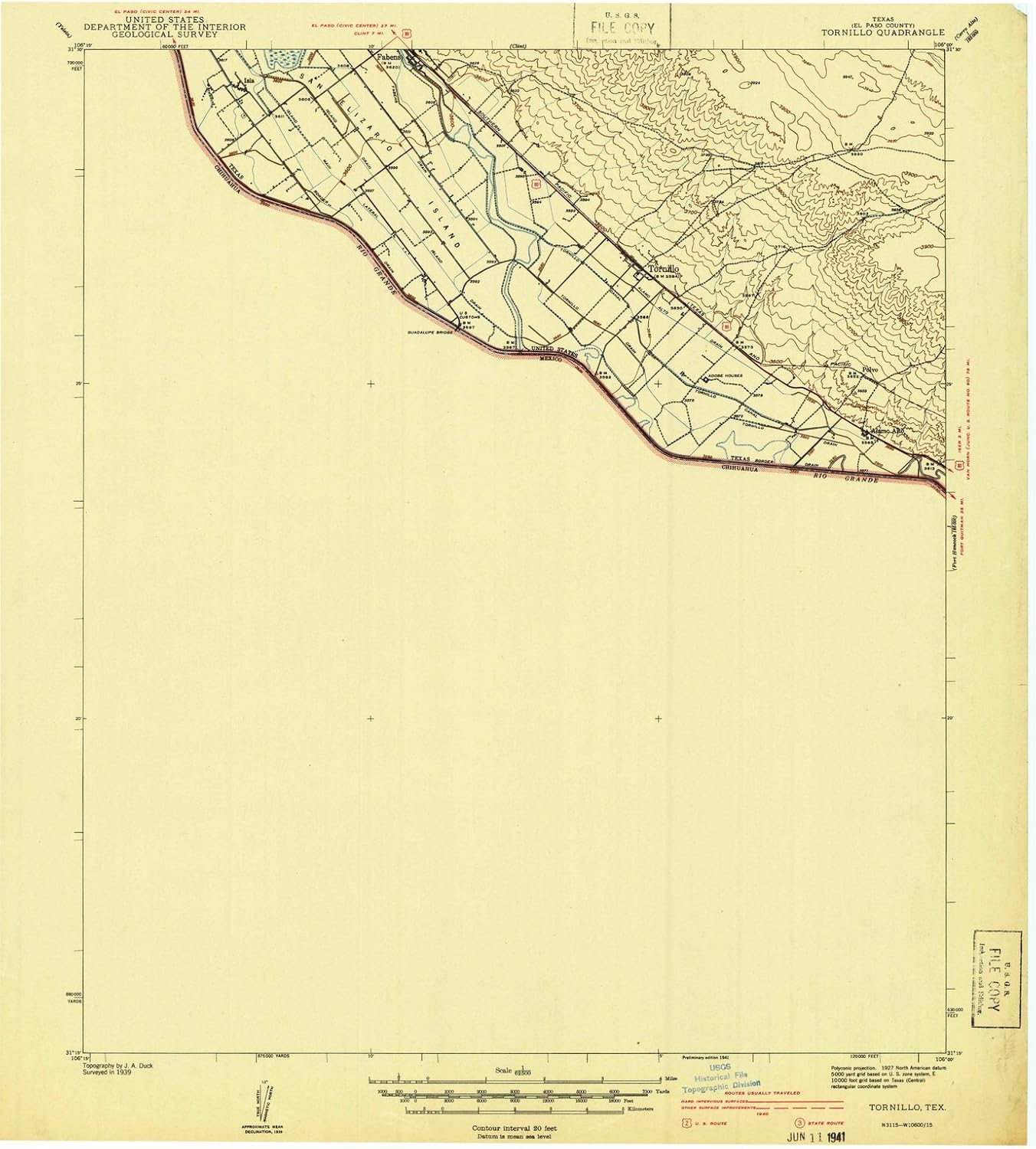 Texas Maps 1941 Tornillo, TX USGS Historical Topographic Wall Art 20in x 24in