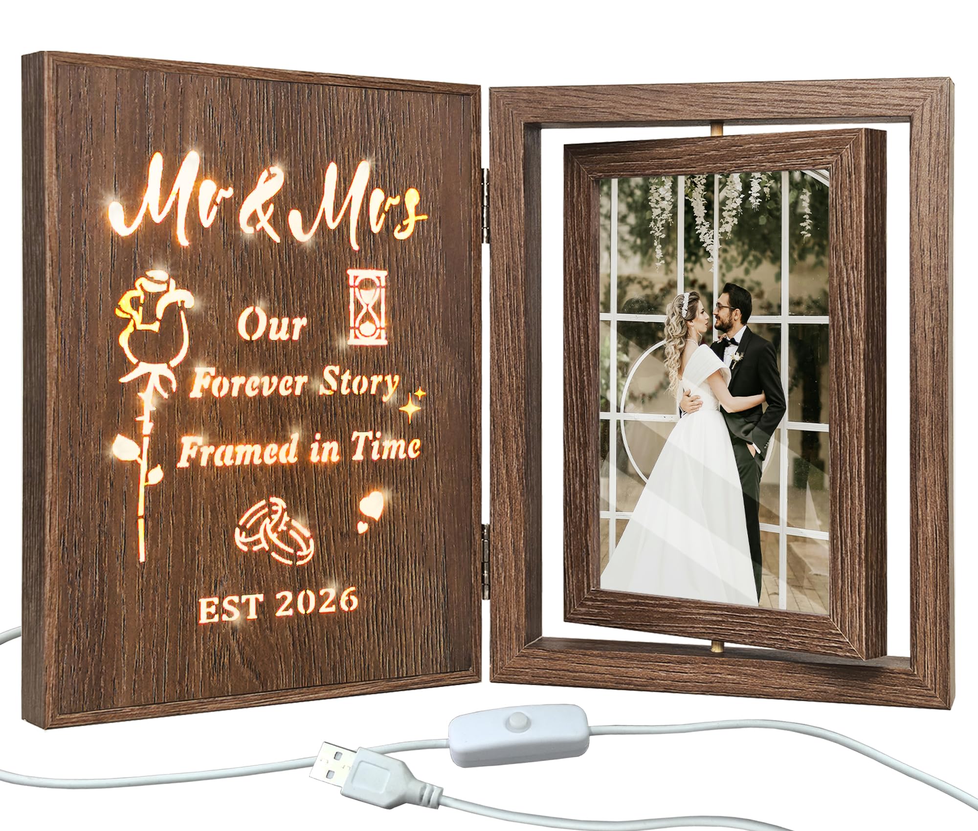 EYITUPC Rotating Wedding Light Up Mr Mrs 2026 Photo Frame Bride Groom Gift