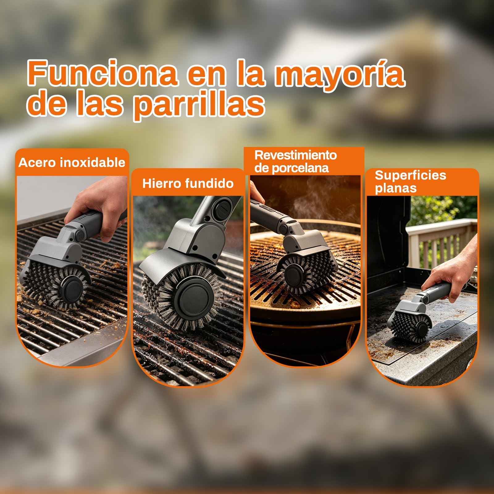 Cepillo Eléctrico para Barbacoa, Limpiador de Parrilla Inalámbrico 3 en 1 con 3 Velocidades y 180° Ajustable, 3 Cabezales Acero INOX Reforzados, 150Min Batería, Impermeable, Apto Lavavajillas