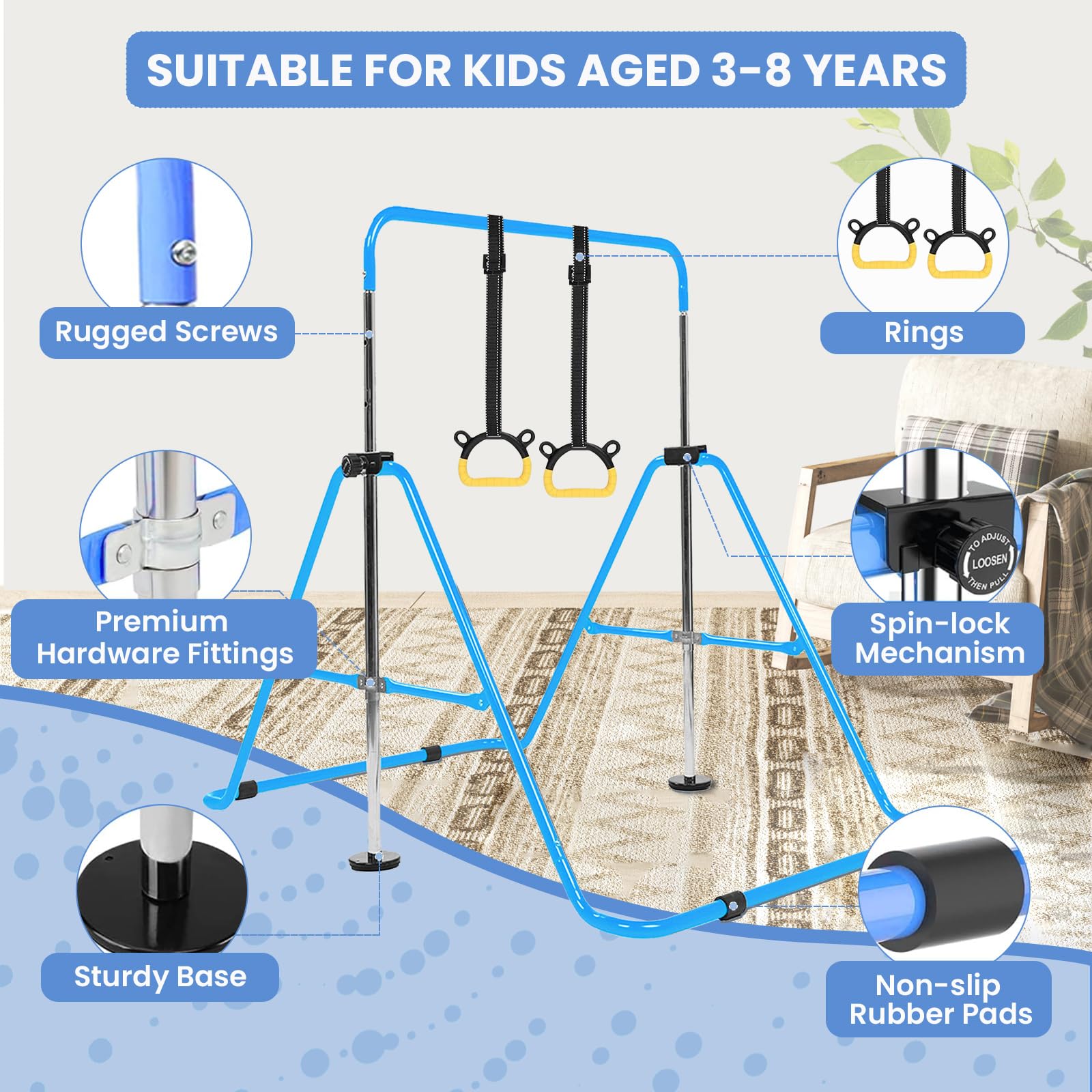 Barra Orizzontale Per Ginnastica FCOUMY Regolabile - Per Bambini 3-12 Anni, Pieghevole, Con Anelli, Rosa/Blu - Foto 10