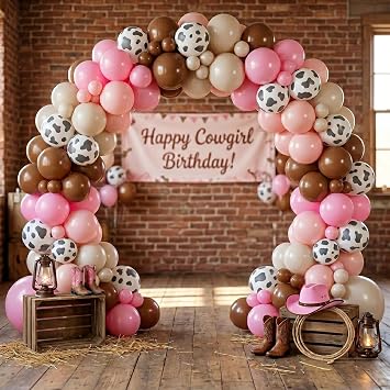 155Pcs Cowgirl Balloon Garland Arch Kit with Pink Brown White Cow Print Balloons for Cow Girl Birthday Decoration, Cow Theme Baby Shower, First Rodeo Party Decor, Western Party Supplies