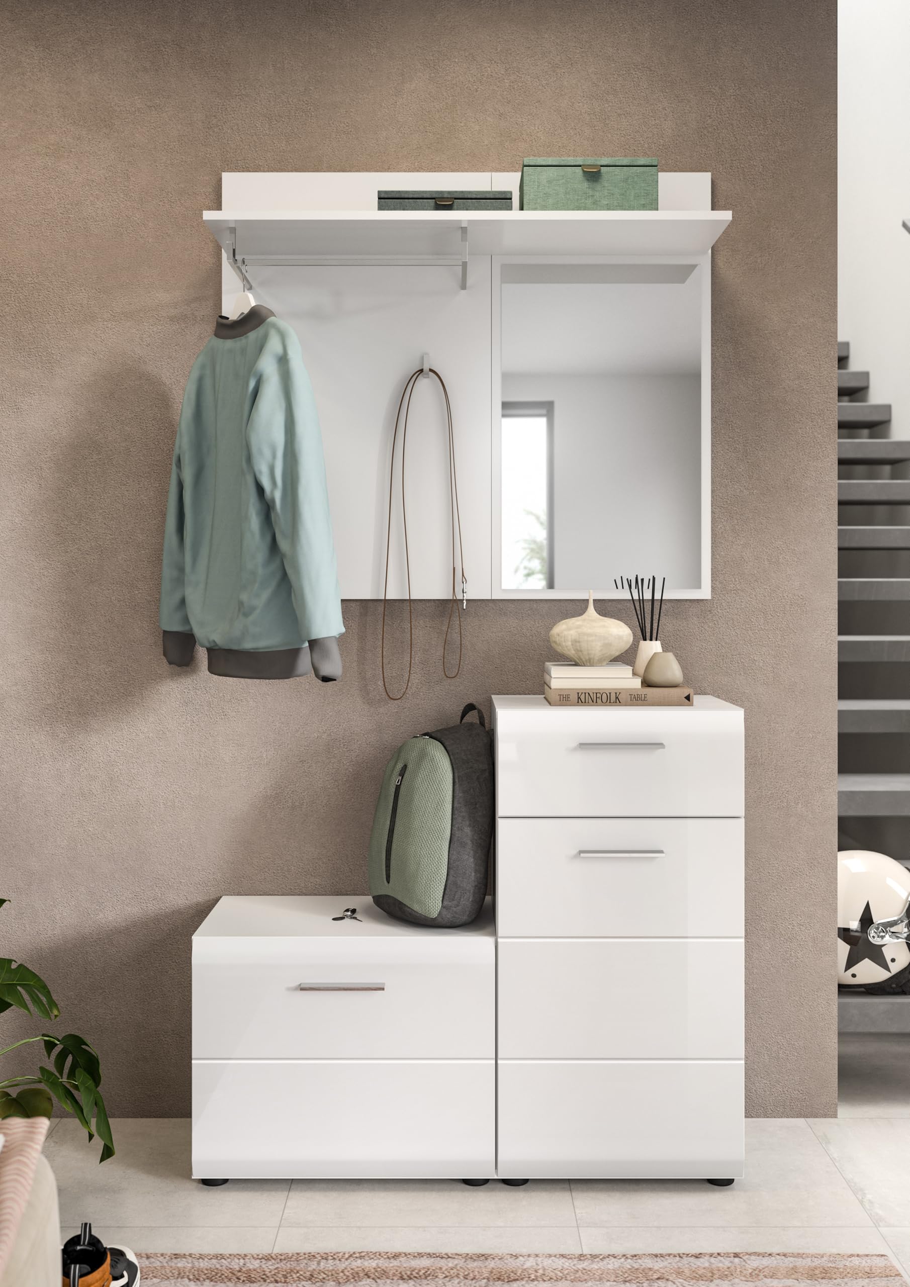xonox.home - Garderobenkombination Ice 4 teilig 98x191x35 cm in Korpus weiß und Front weiß Hochglanz - Garderobenschrank Garderobenset Flurmöbel-Set Flursystem Stauraumlösung