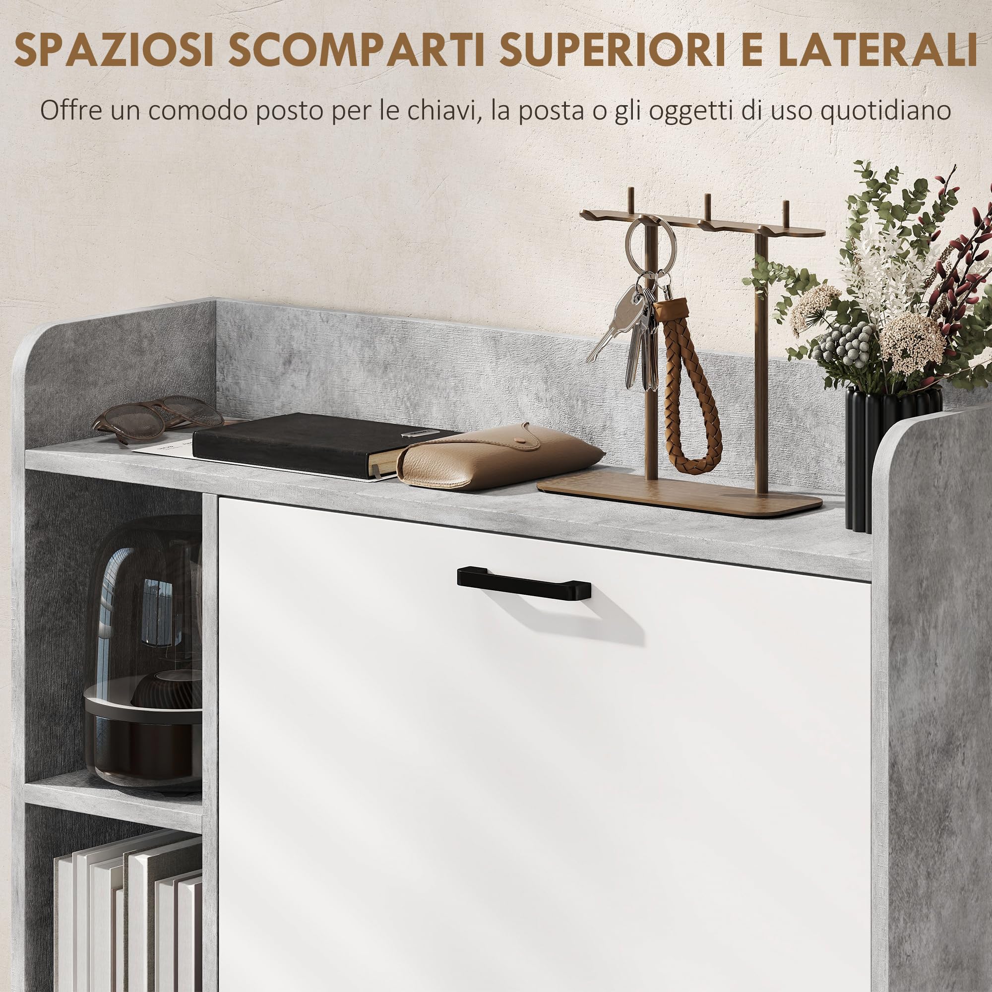 HOMCOM Scarpiera Salvaspazio Slim con 2 Ante a Ribalta, Scarpiera Ingresso con 3 Vani Aperti, Ripiani Regolabili, Piano Superiore, Porta Scarpe per 15 Paia in Legno con Maniglia, Grigio