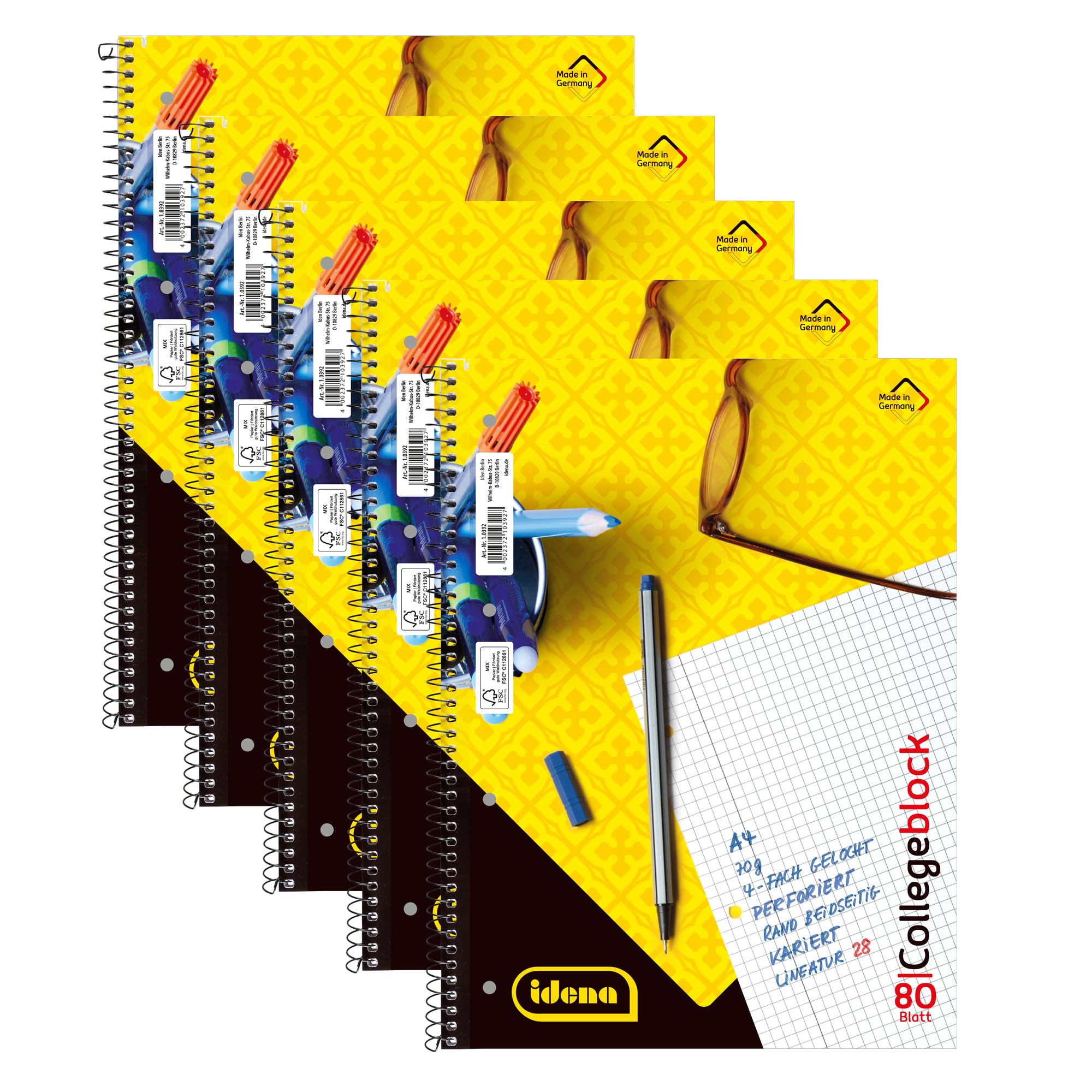 Idena 90367 - Bloc de notas A4 5 unidades con 80 hojas cuadriculadas y doble margen, bloc con encuadernación en espiral, papel de 70 g/m² 4 agujeros y perforado