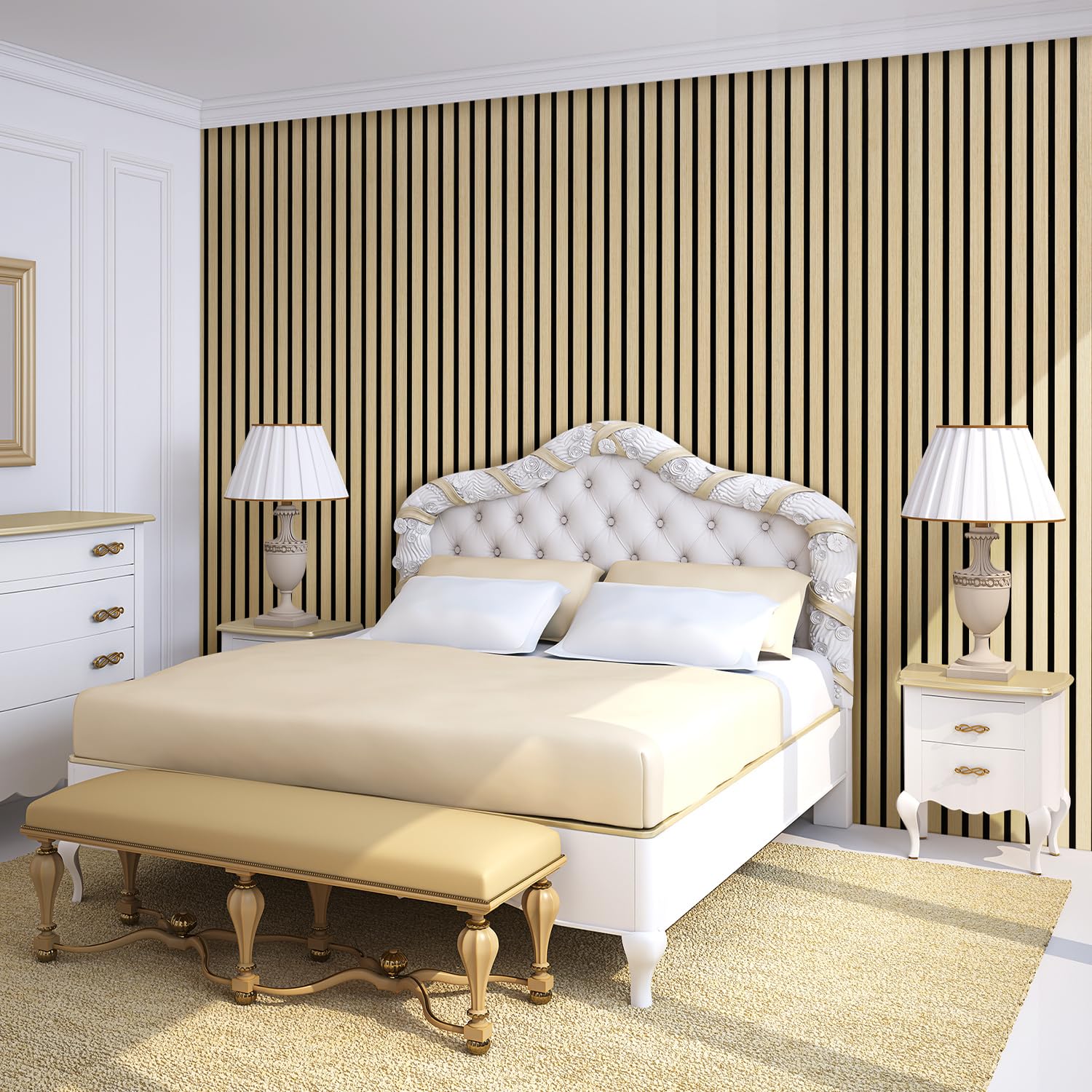 Drewniane panele akustyczne, 240 x 60 cm (= 2 sztuki 120 cm x 60 cm), panele ścienne 3D o wyglądzie drewna, dla lepszej akustyki pomieszczenia, panele ścienne z drewna do biura, naturalne
