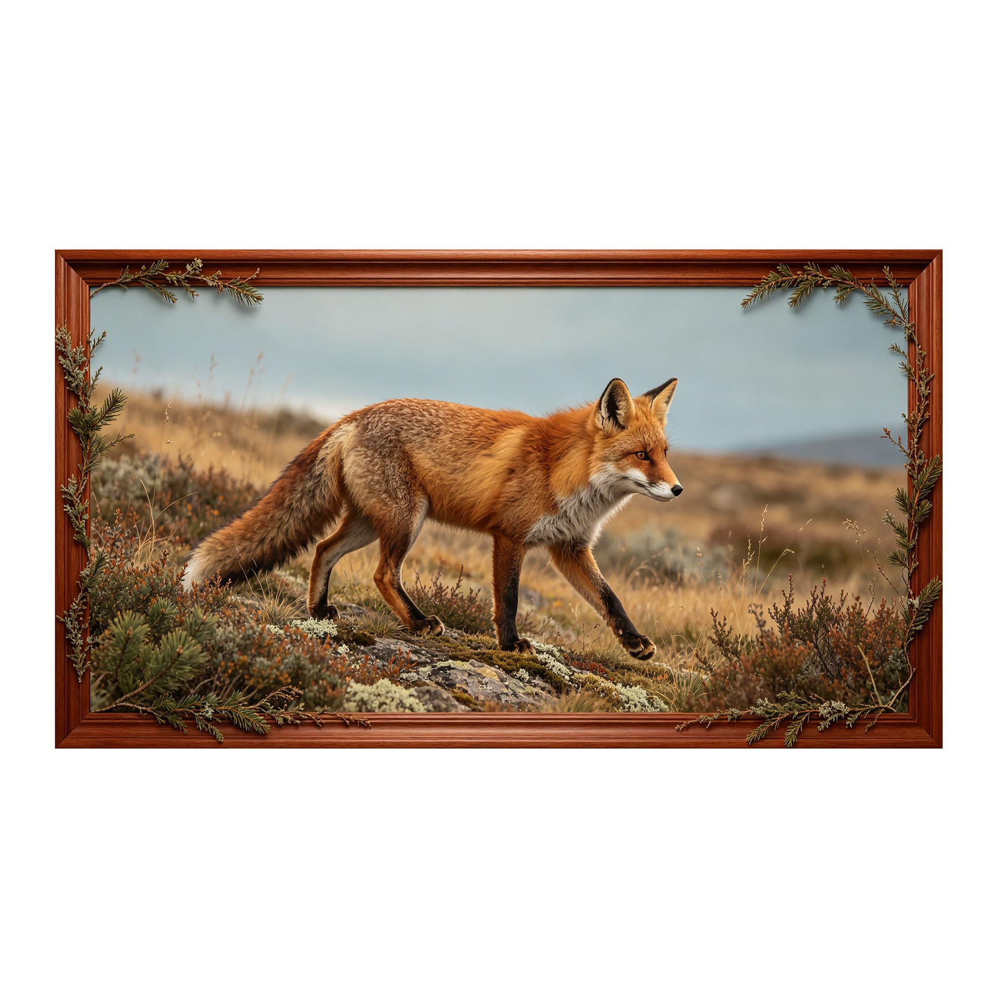 Murasolite 3D 3D Framed Wall Art 50cm×90cm Wilderness Red Fox Landscape Realistic Oil Painting SelfAdhesive Fabric Mural Wall Decor, Peel and Stick No Damage to Wall for Bedroom Living Room