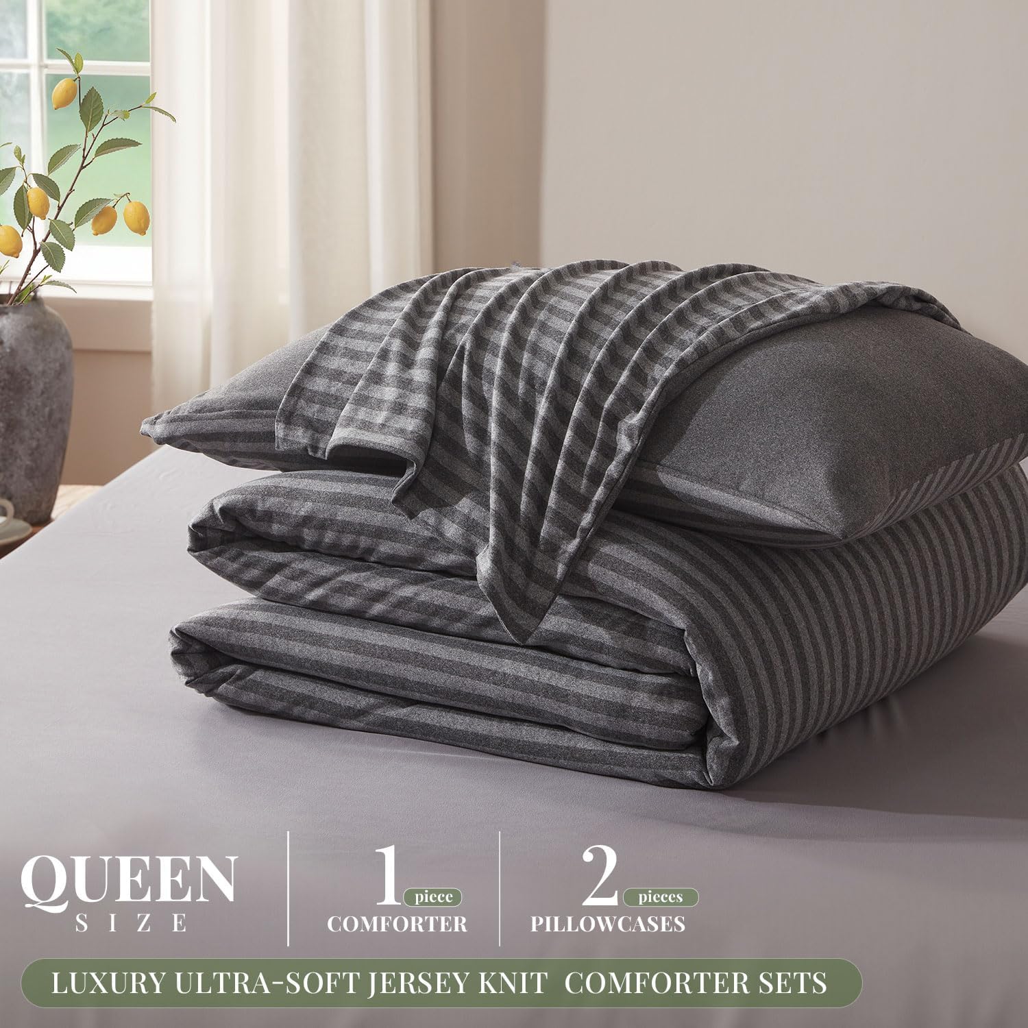 Queen Comforter Set, Comforters Queen Size Luxury Ultra-Soft Jersey Knit Bedding Sets, Strip/Dark Gray Lightweight Down Alternative Bed Comforte Queen for All Season, 3 Piece Bedding Setrey - Image 9
