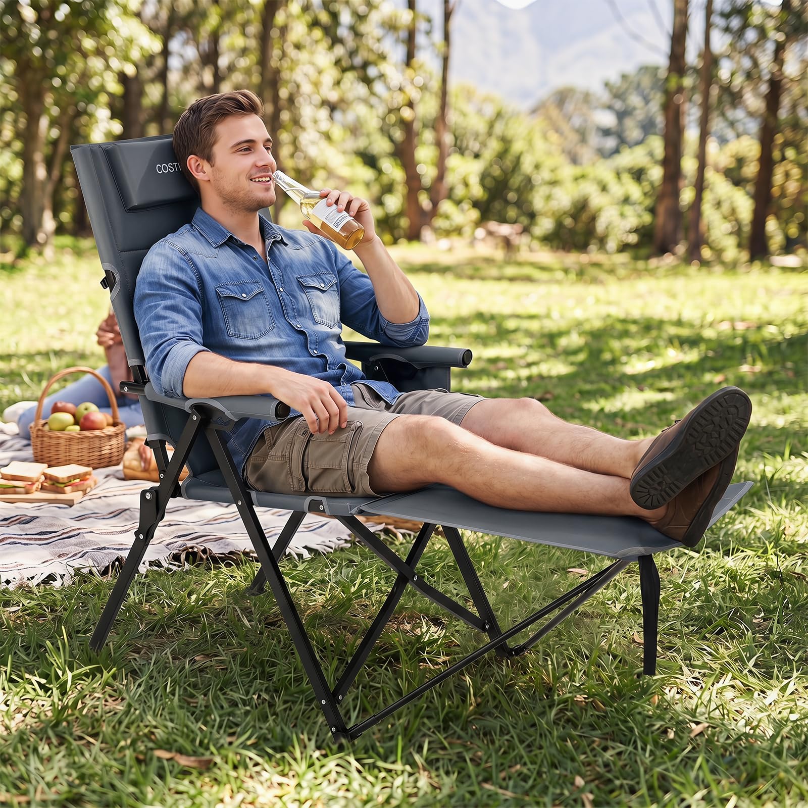 COSTWAY Campingstuhl mit Fußablage, klappbarer Liegestuhl (Grau) | 4-fach verstellbare Rückenlehne, Kopfstütze & Seitentasche, Hochlehner Gartenstuhl, Strandstuhl, Klappstuhl für Camping