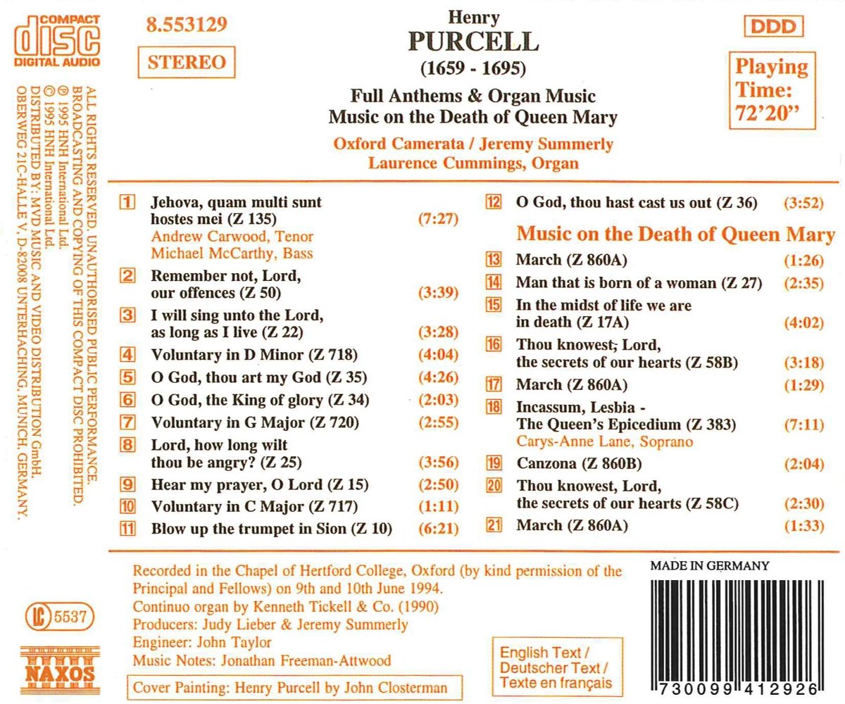 Purcell : Full Anthems & Organ Music - Music on the Death of Queen Mary