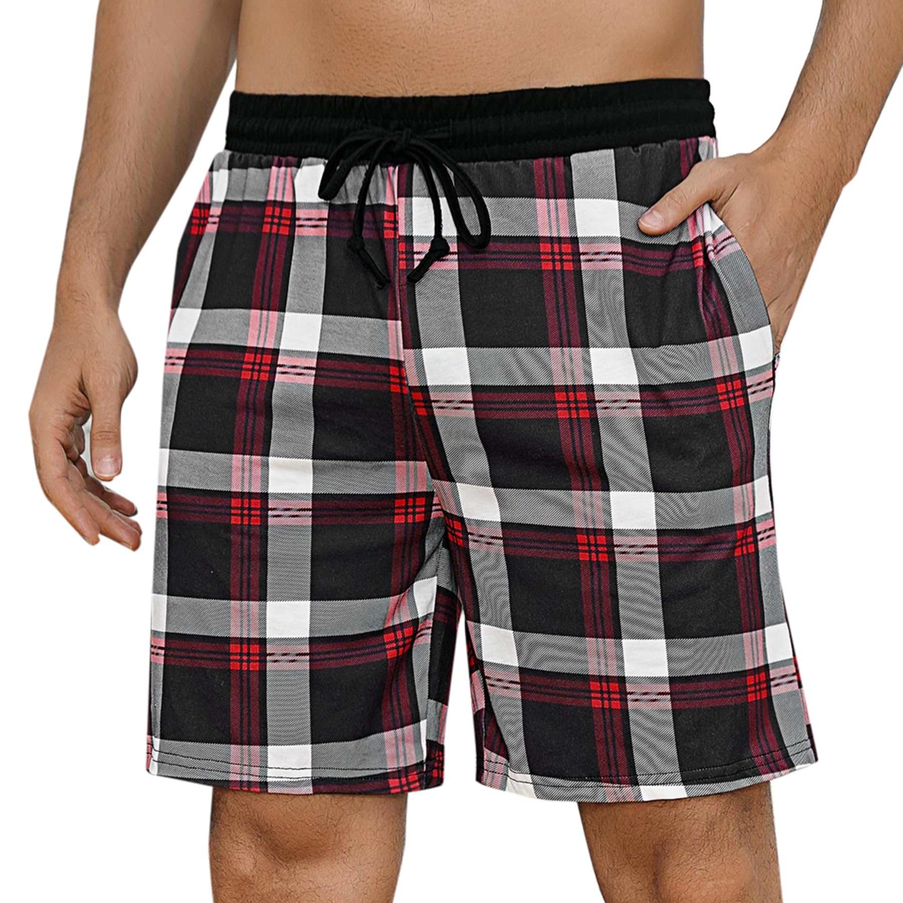 Marvmys Herren Schlafanzughose Kurze Kariert Pyjamahose Shorty Sommer Nachtwäsche Schlafshorts mit Taschen